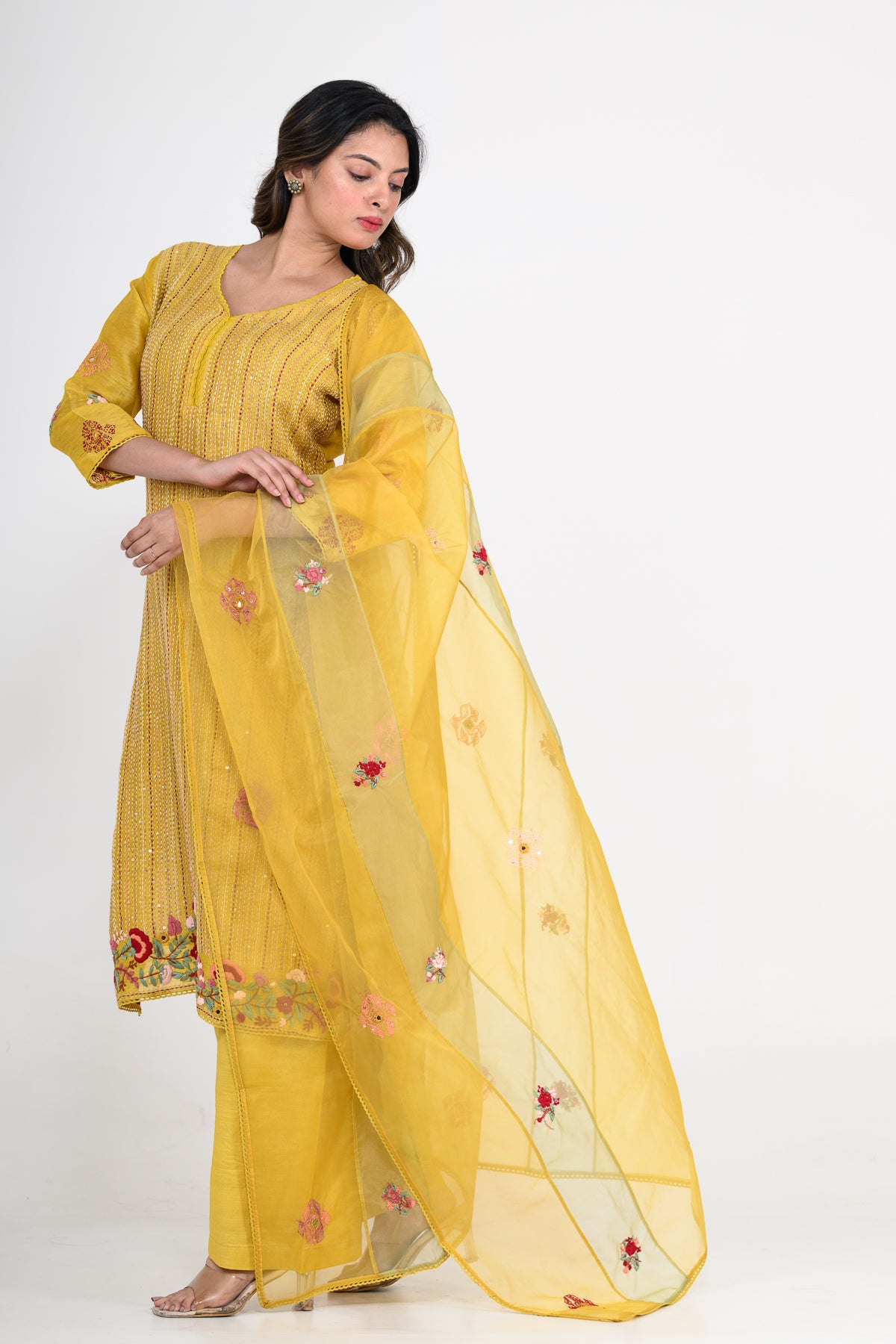 Pure Linen Mustard Yellow Kurta Set & Dupatta with Katha Work