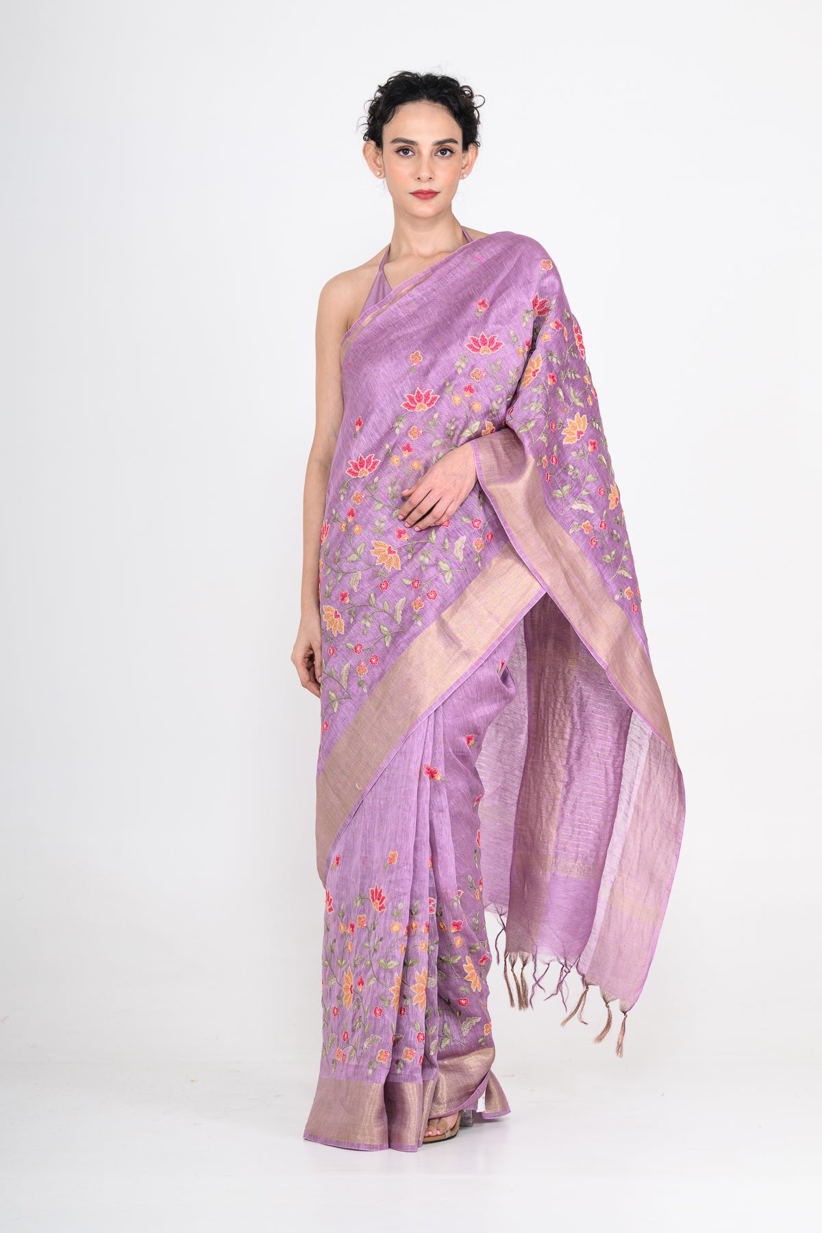 Parsi Embroidered Purple-Gold Pure Linen Saree