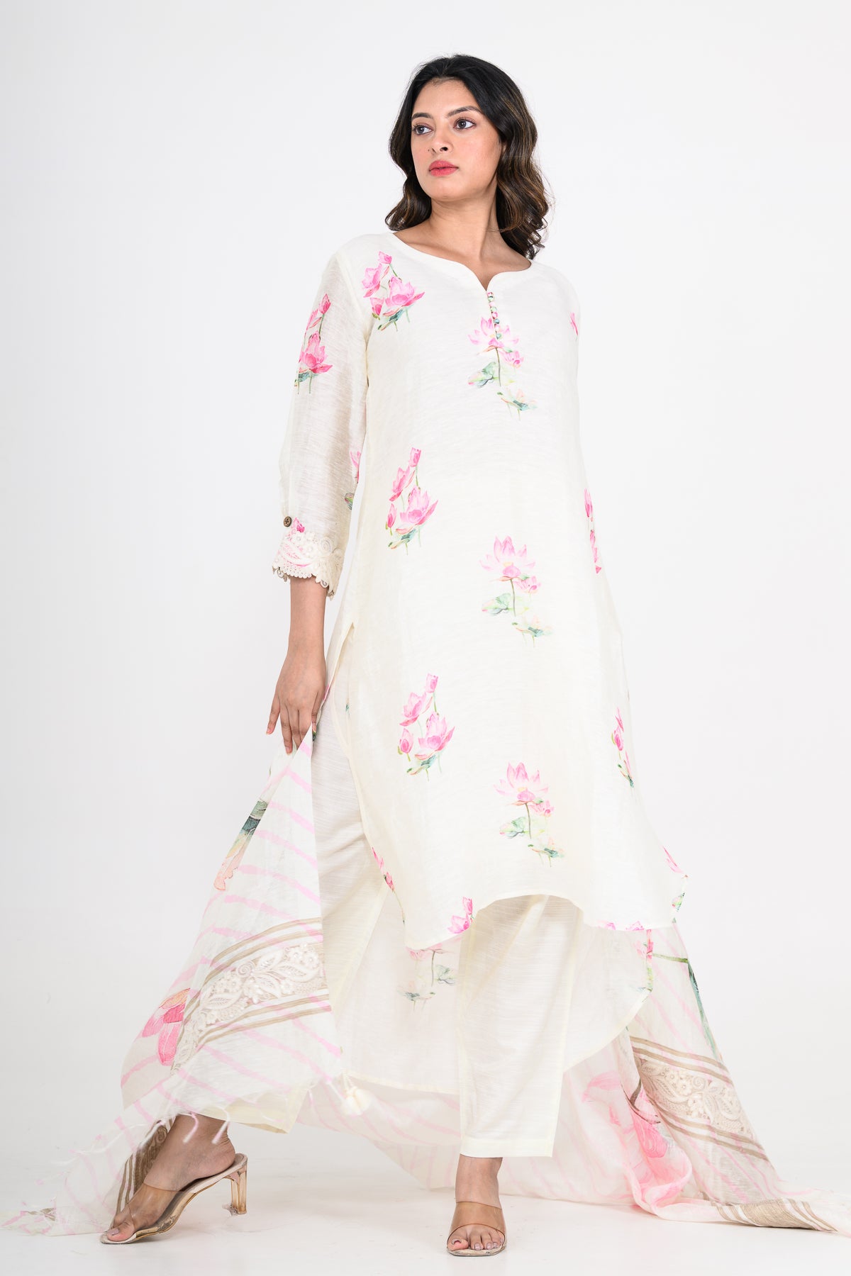 Floral Printed Pure Linen Off White Kurta Set with Dupatta