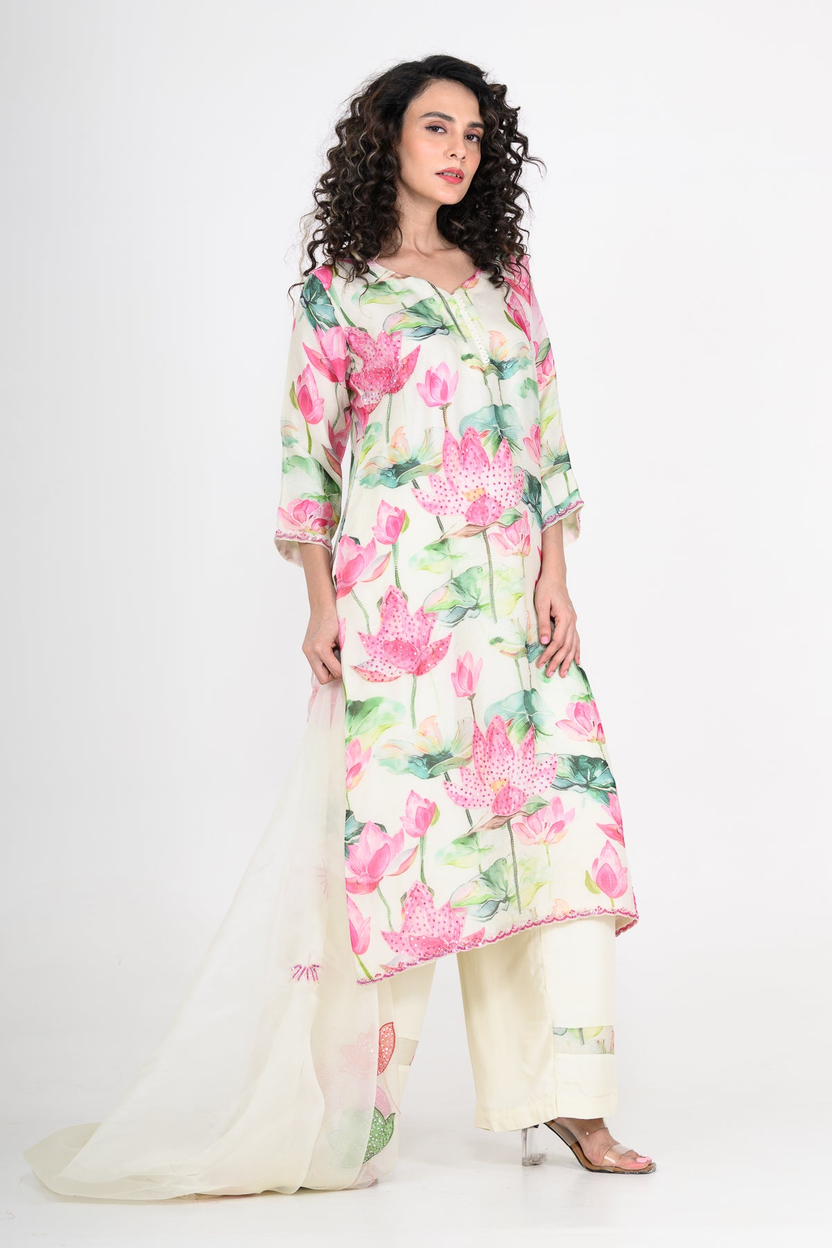 White & Pink Organza Kurta Set with Applique & Hand Embroidery