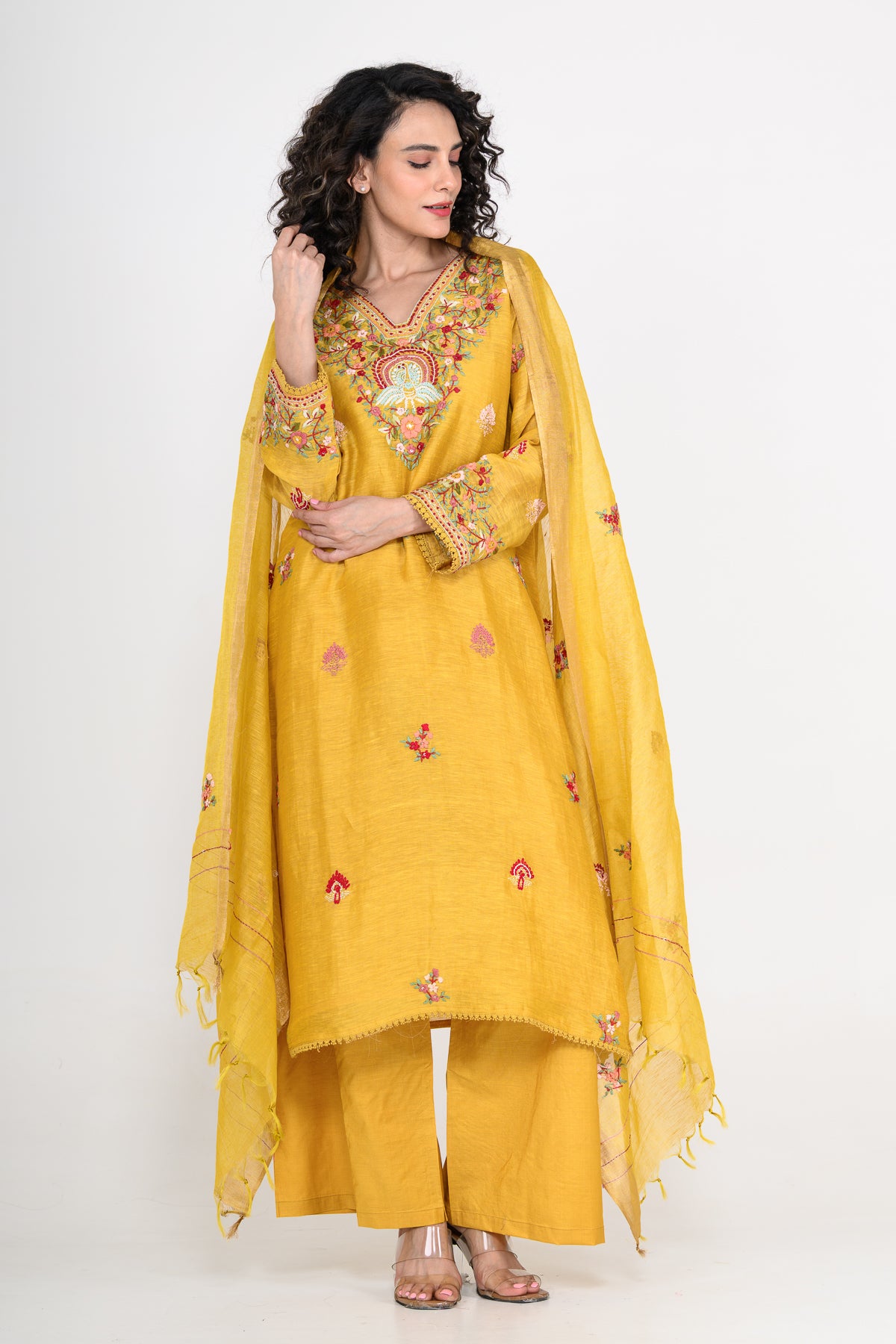Mustard Yellow Kurta Set & Dupatta with Thread Work in Pure Linen