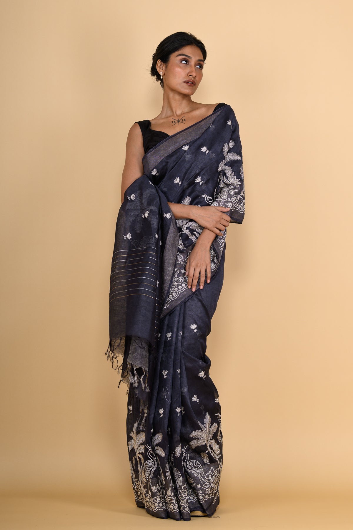 Deep Blue Hand Embroidered Pure Linen Saree