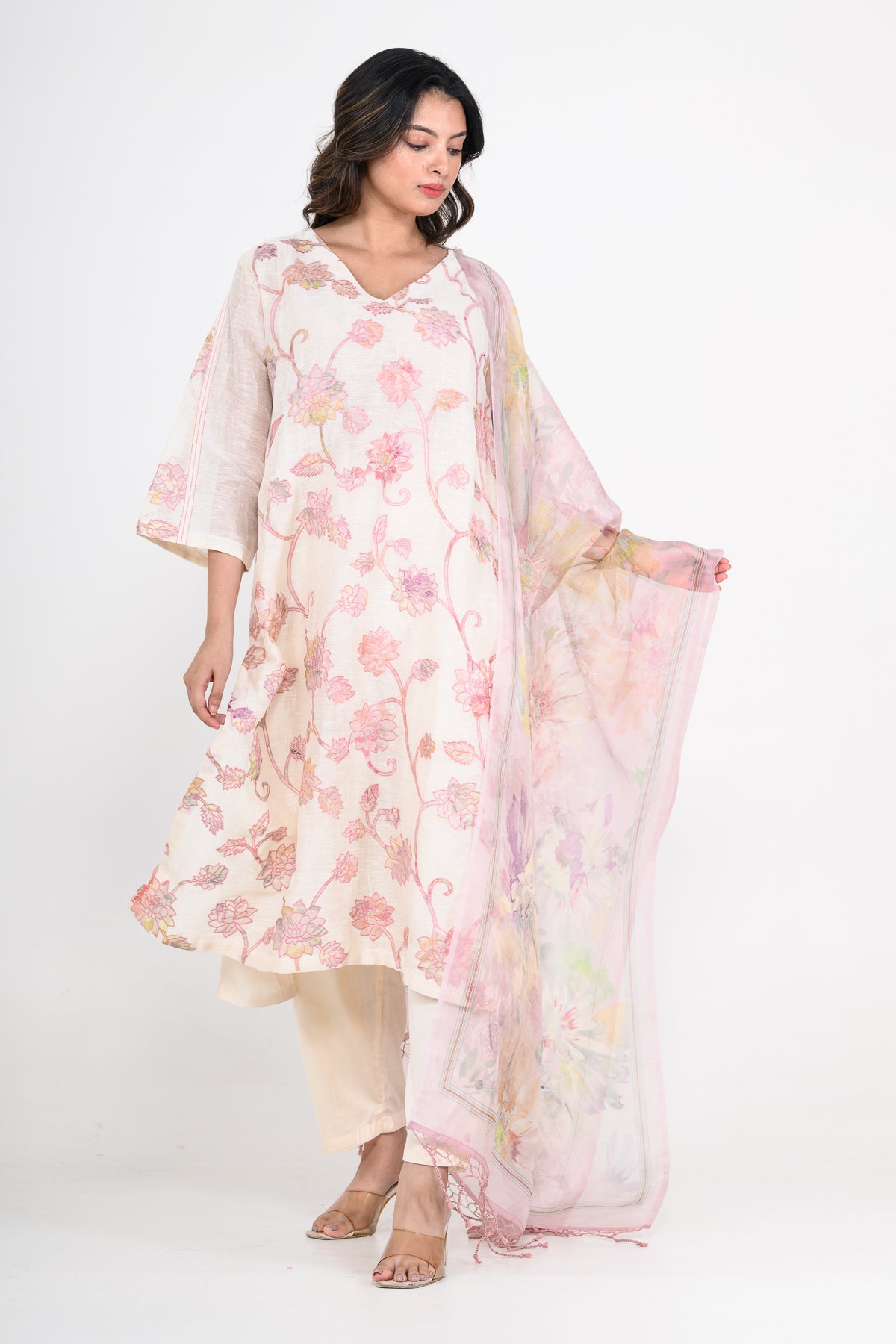 White-Purple Pure Mulmul Printed Kurta Set with Appliques