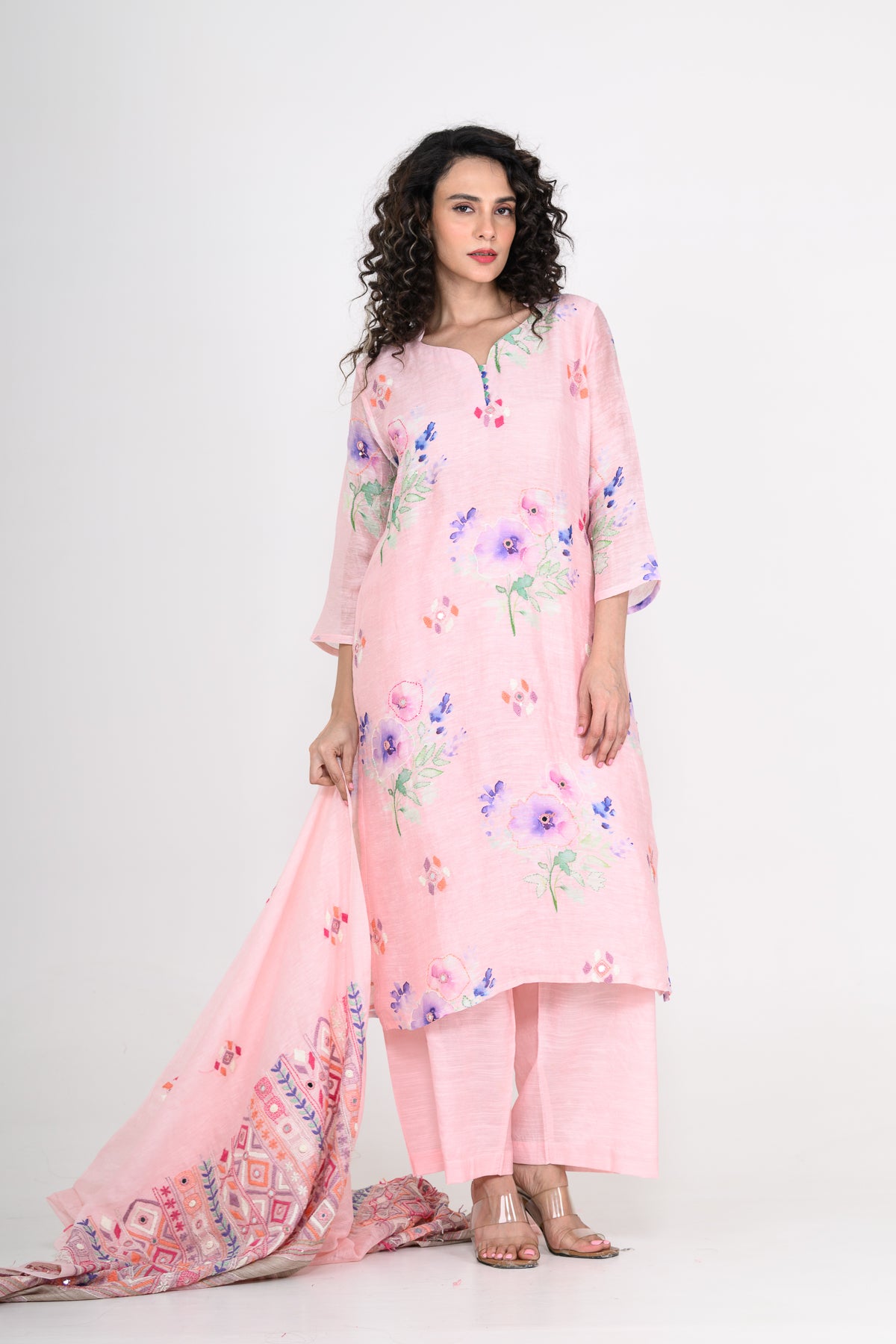Light Pink Pure Linen Kurta Set with Katha & Mirror Highlight