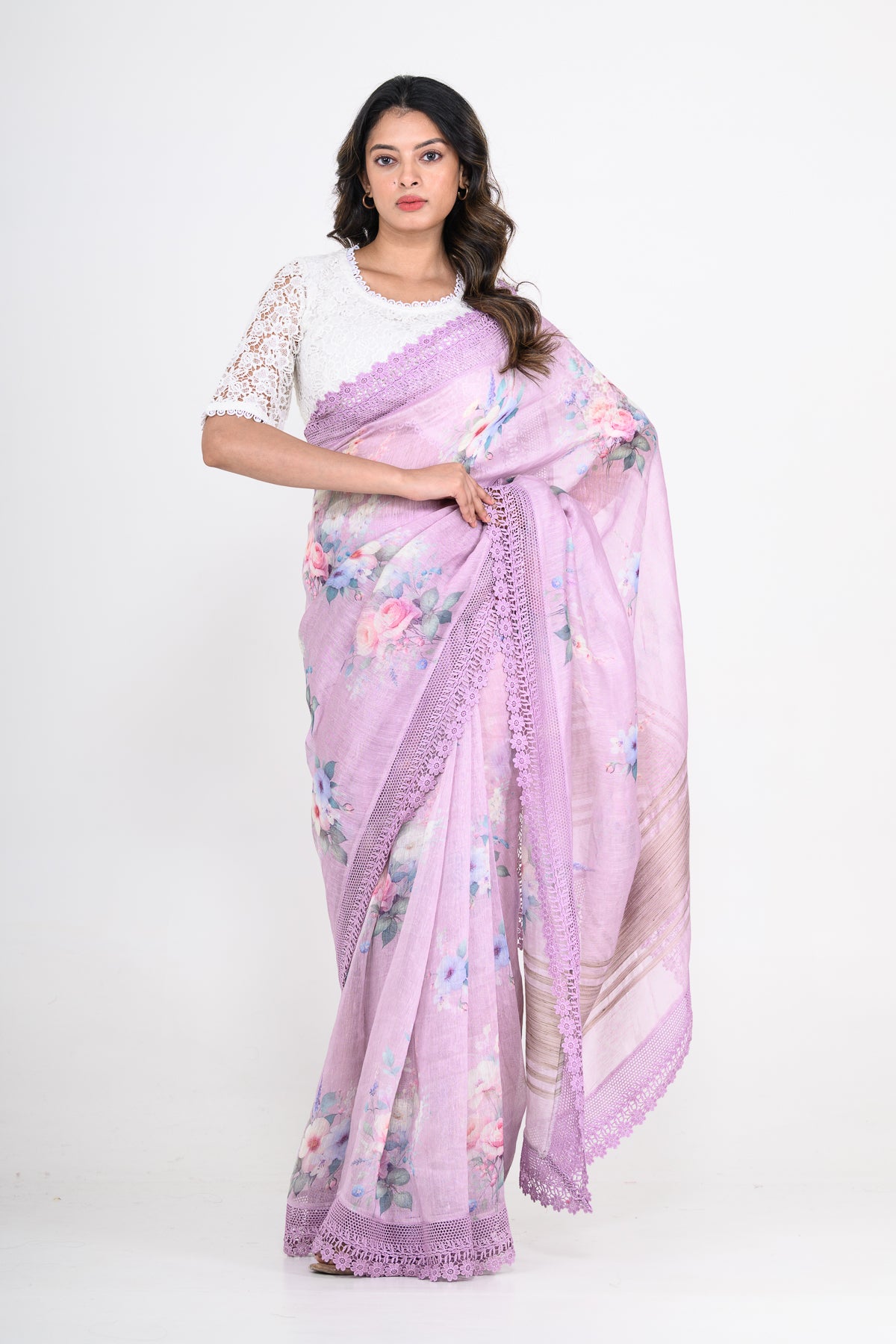 Lavender Purple Floral Printed Pure Linen Saree