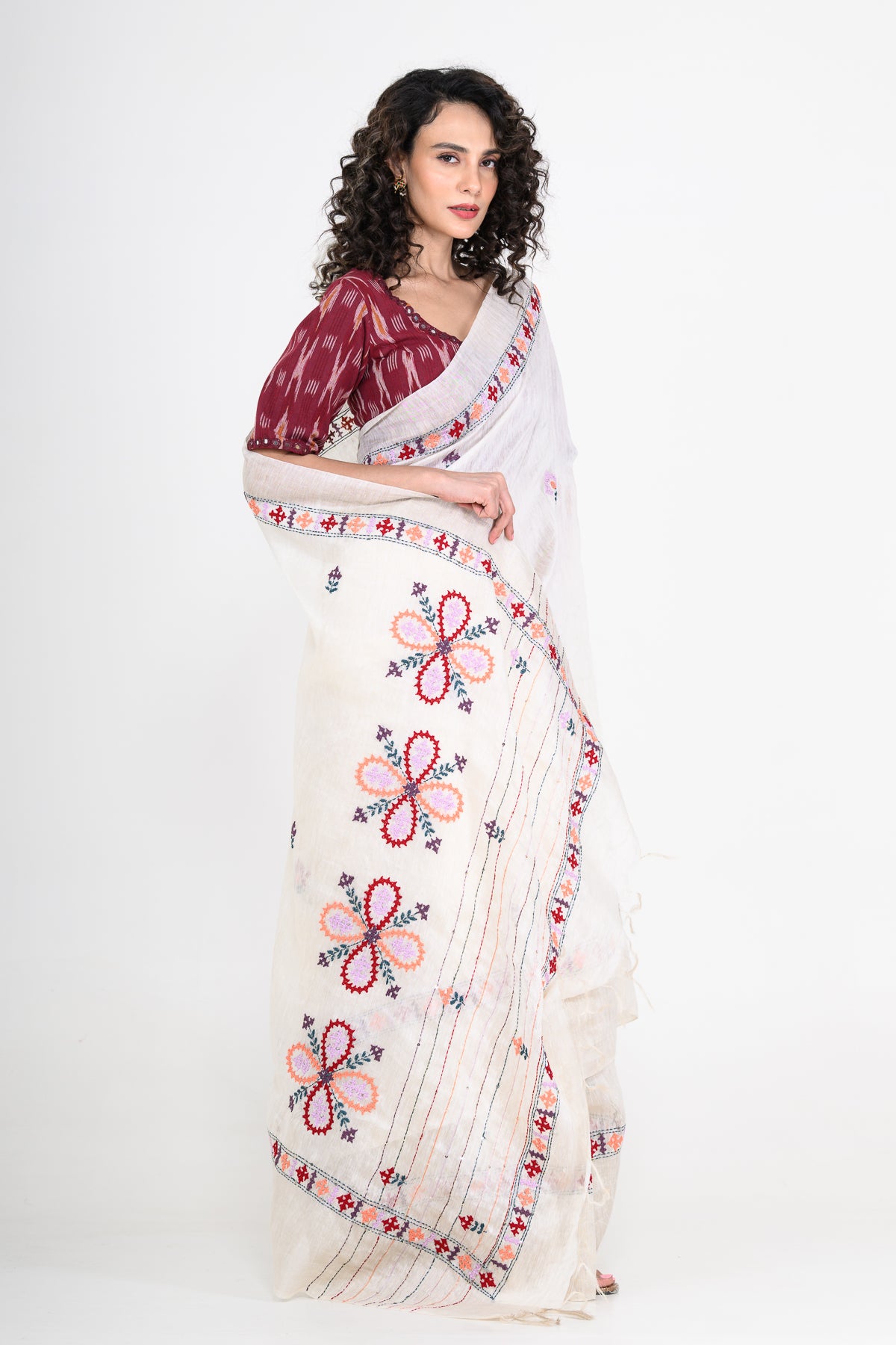 Pure Linen White Saree with Thread Work
