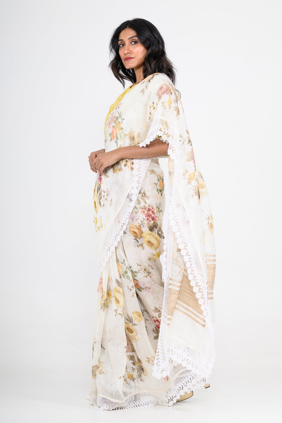 White Floral Printed Pure Linen Saree with Lace Work