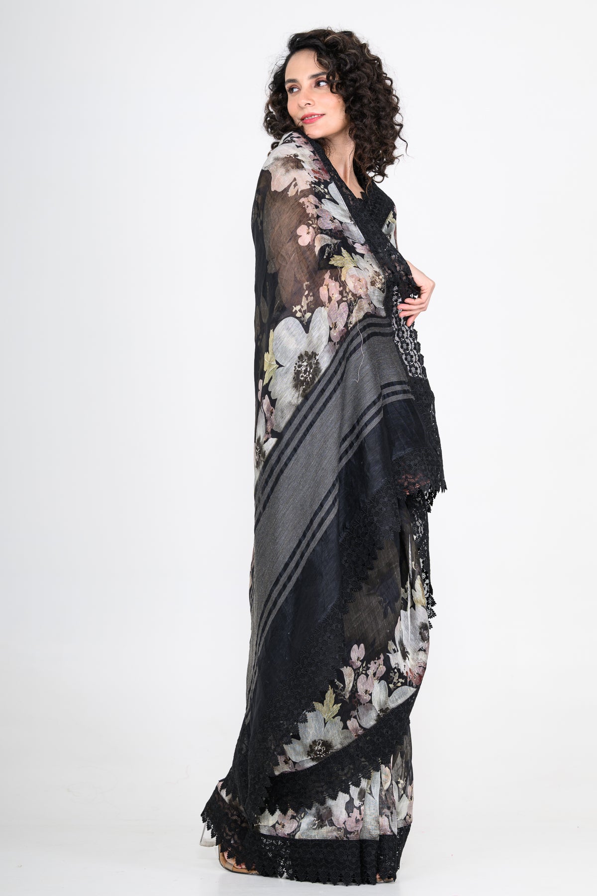 Floral Printed Pure Linen Black Saree