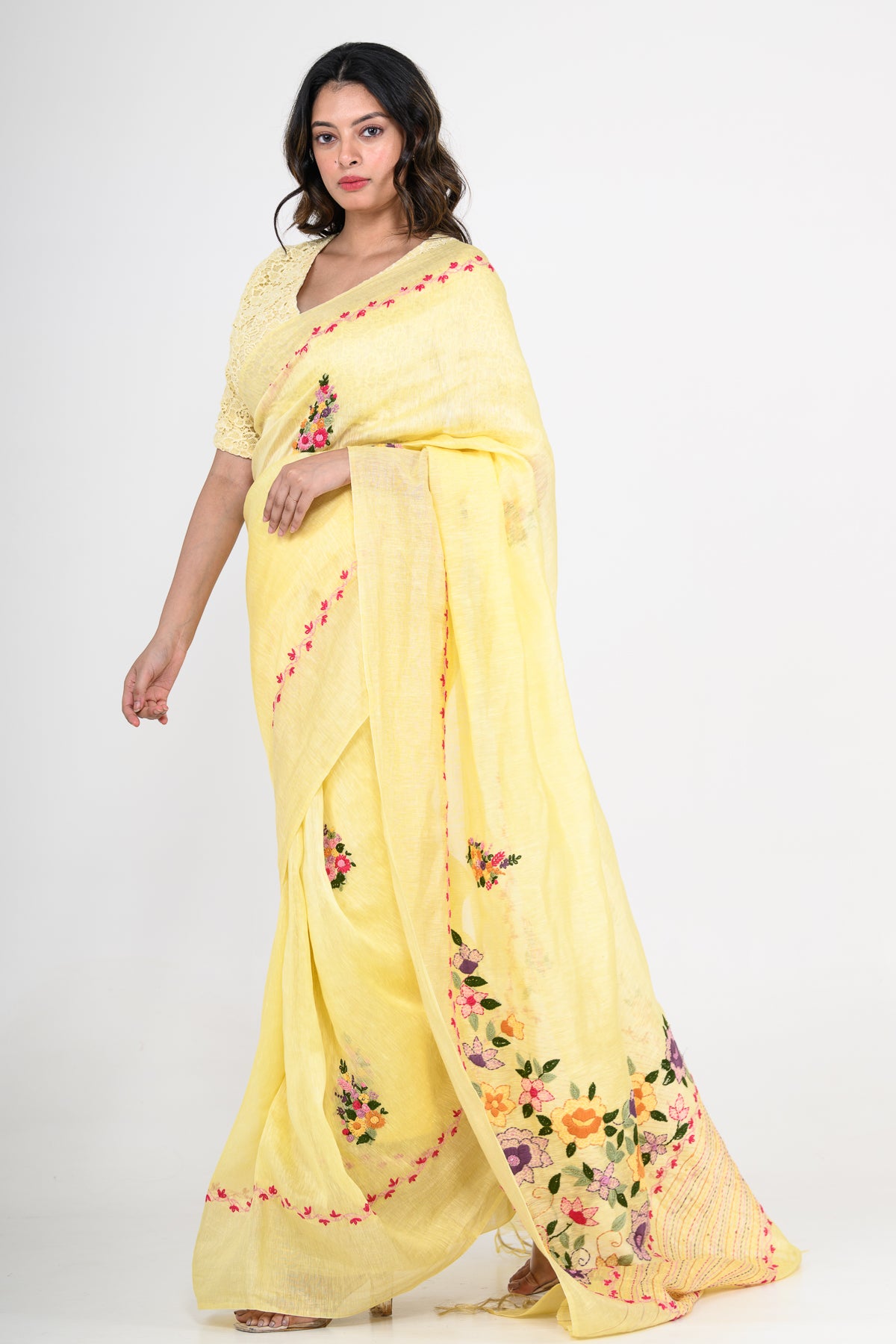 Yellow Pure Linen Saree with Tikki & Thread Work