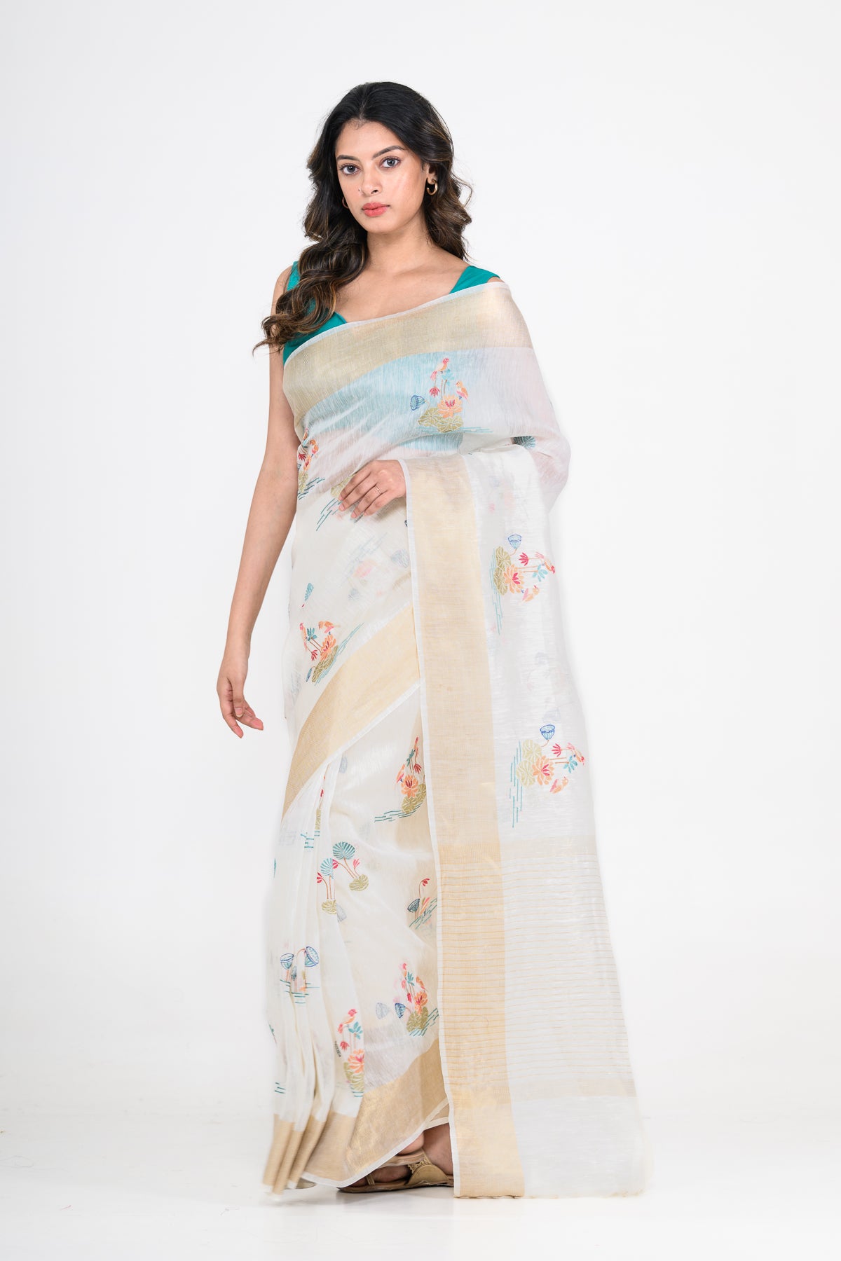White-Gold Dual Tone Floral Printed Pure Linen Saree