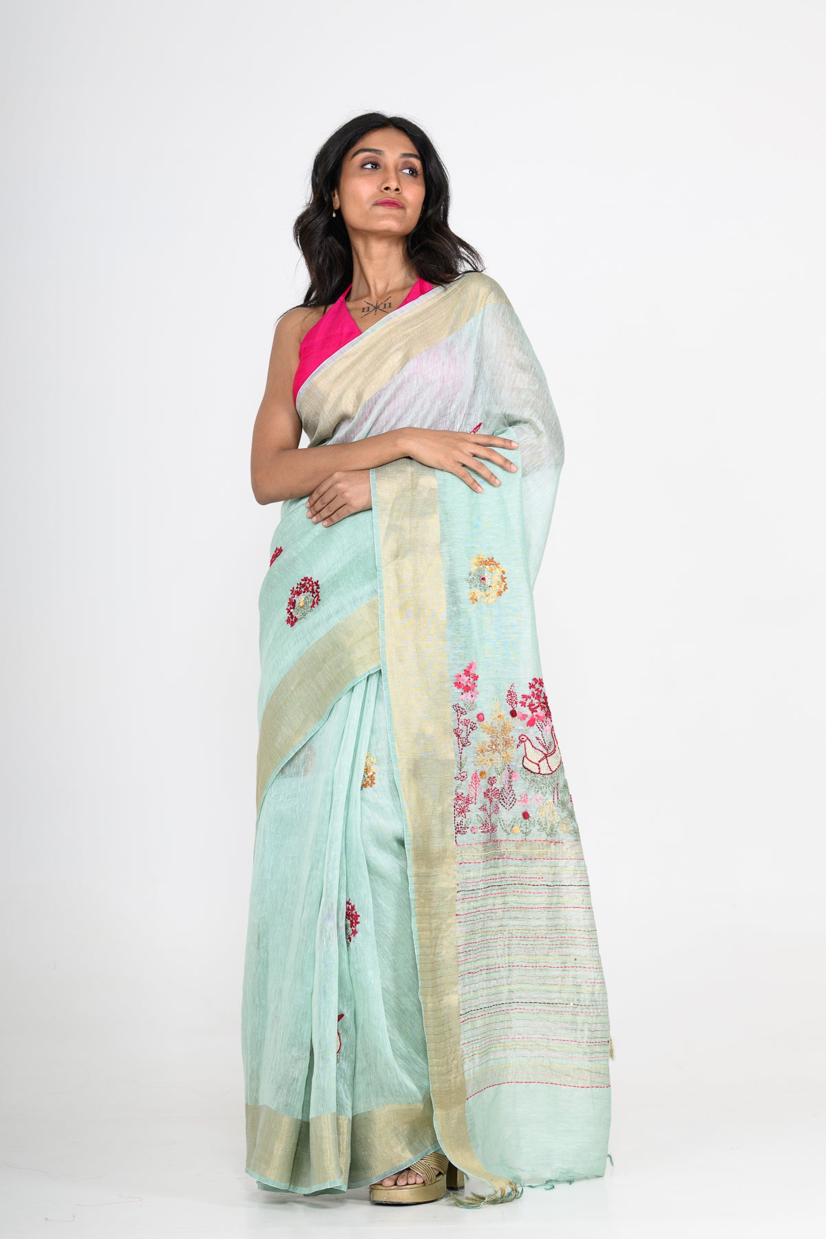 Light Green Pure Linen Saree with Tikki & Thread Work
