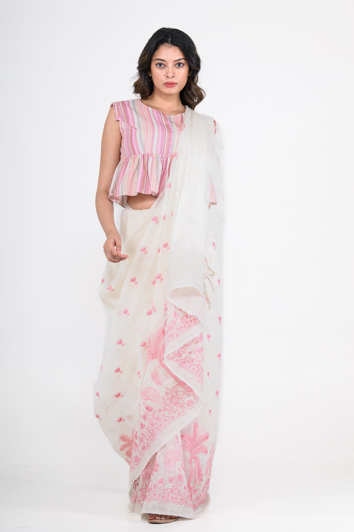 White-Pink Dual Tone Printed Pure Linen Saree