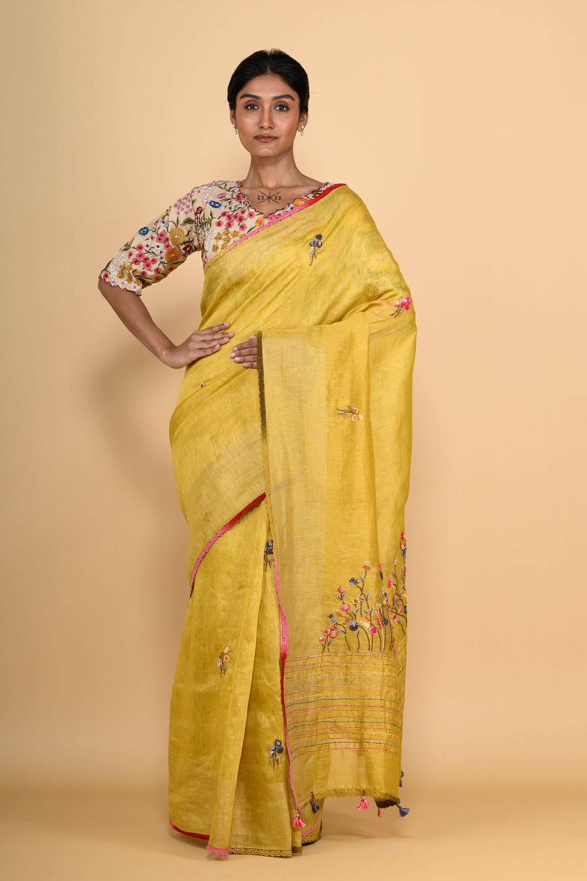 Topaz Yellow Pure Linen Saree with Thread Work