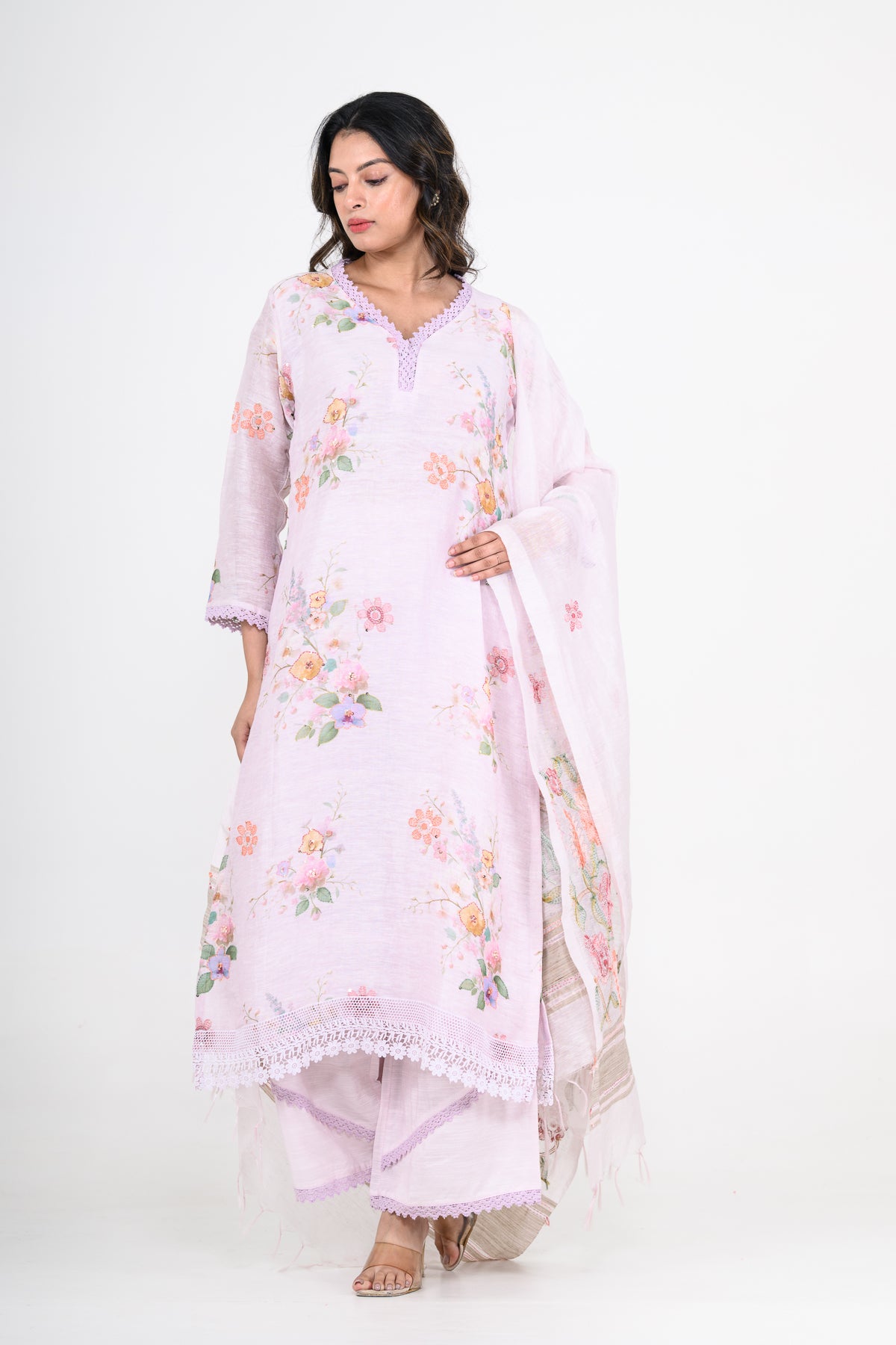 Lavender Purple Pure Linen Printed Kurta Set with Katha Work