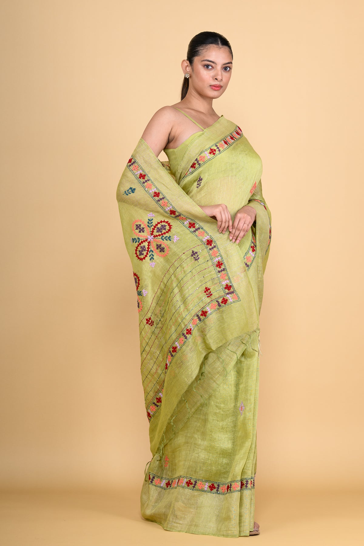 Leaf Green Pure Linen Saree with Thread Work