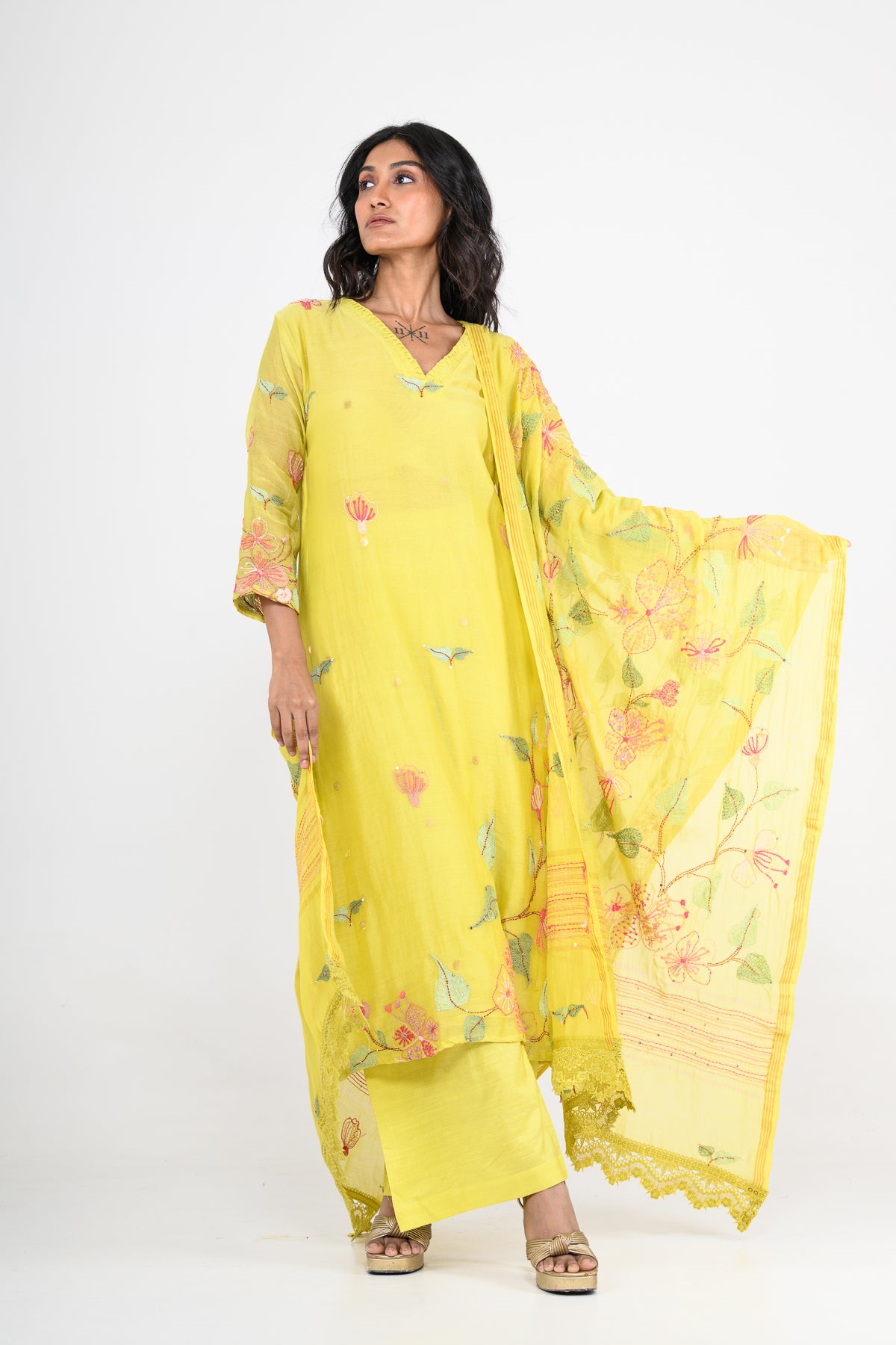 Sunshine Yellow Pure Mulmul Kurta Set & Dupatta with Katha Work