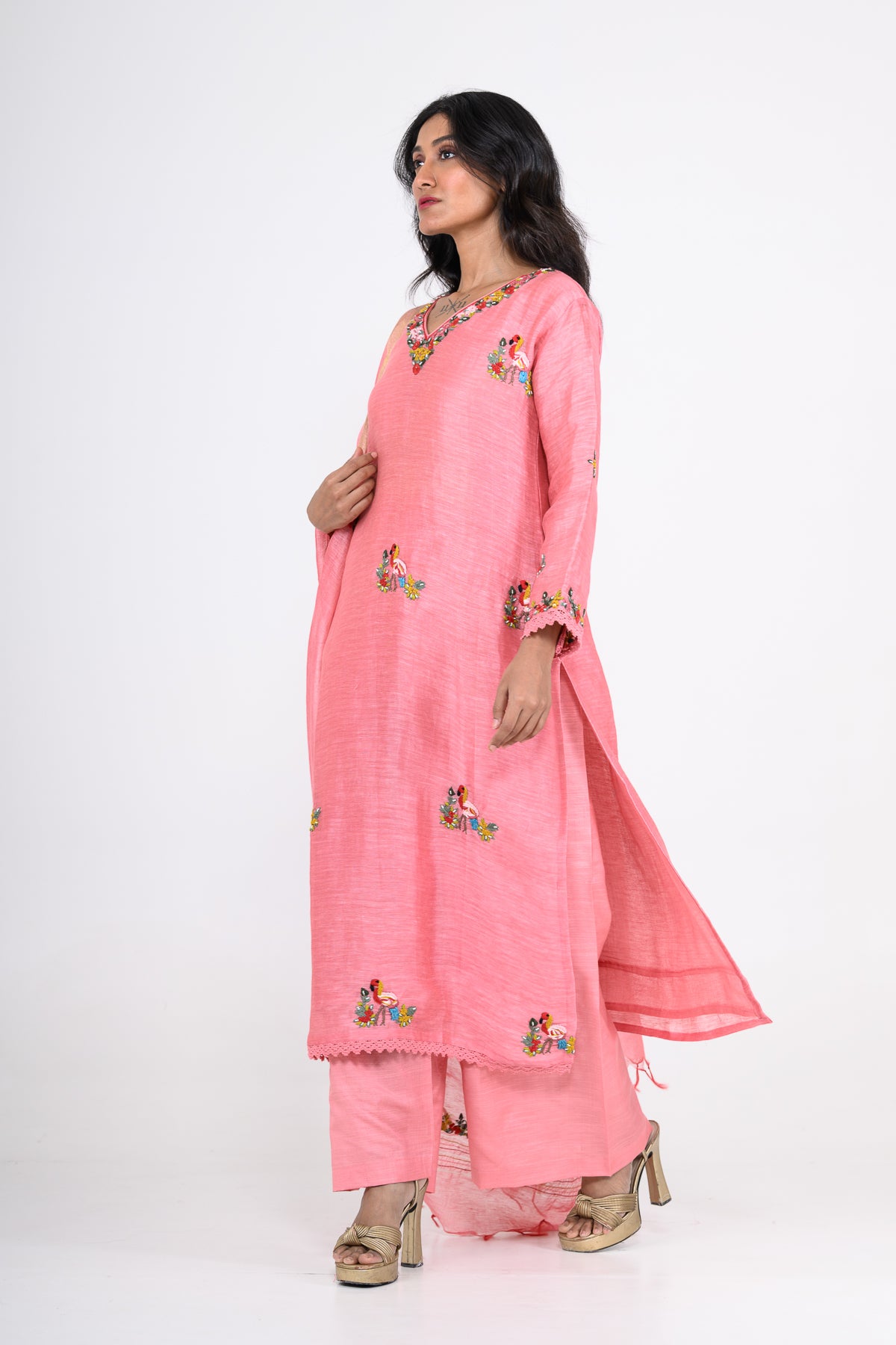 Pink Thread Embroidered Pure Linen Kurta Set & Dupatta