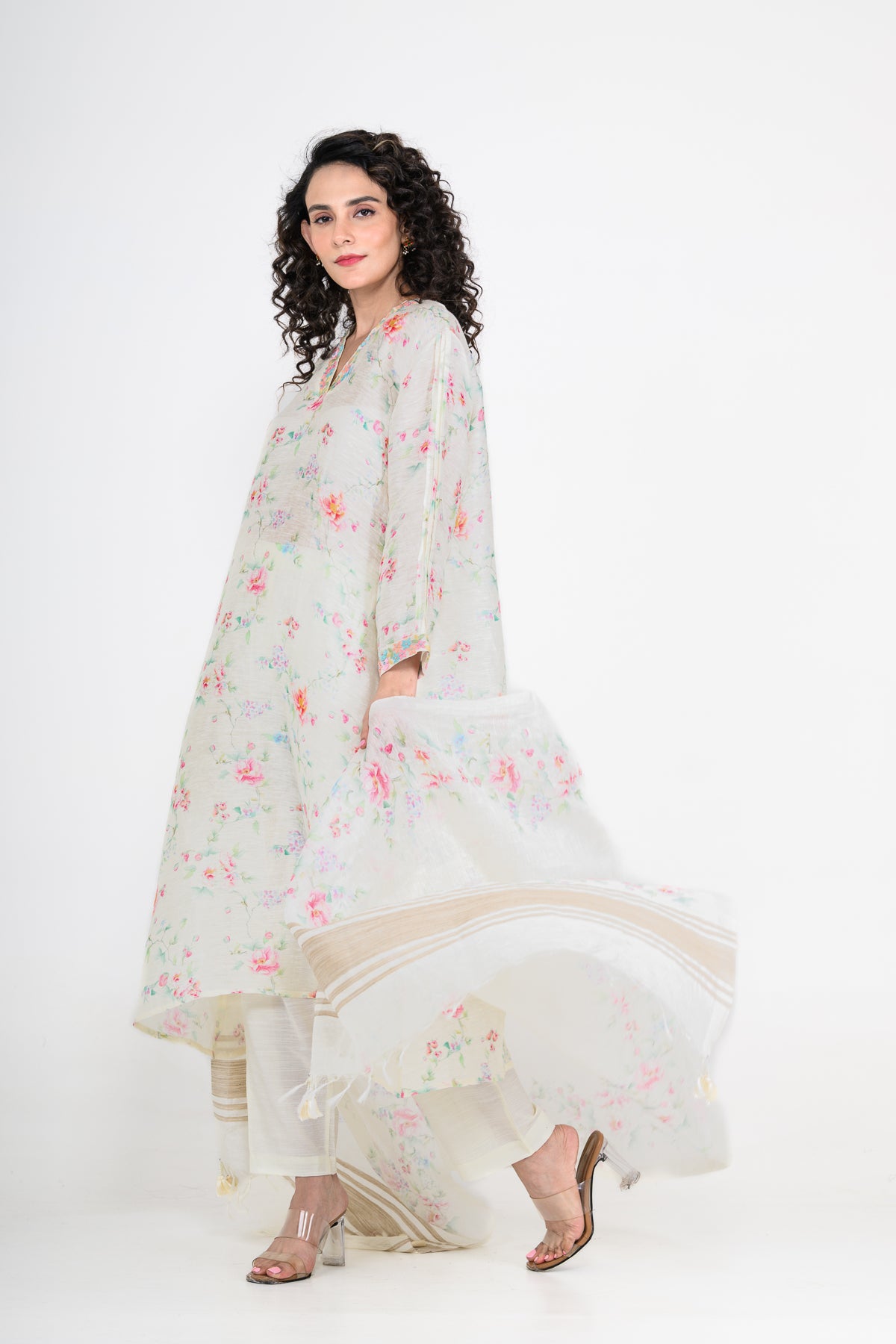 Floral Printed Pure Linen Off White Kurta Set with 3D Embroidery