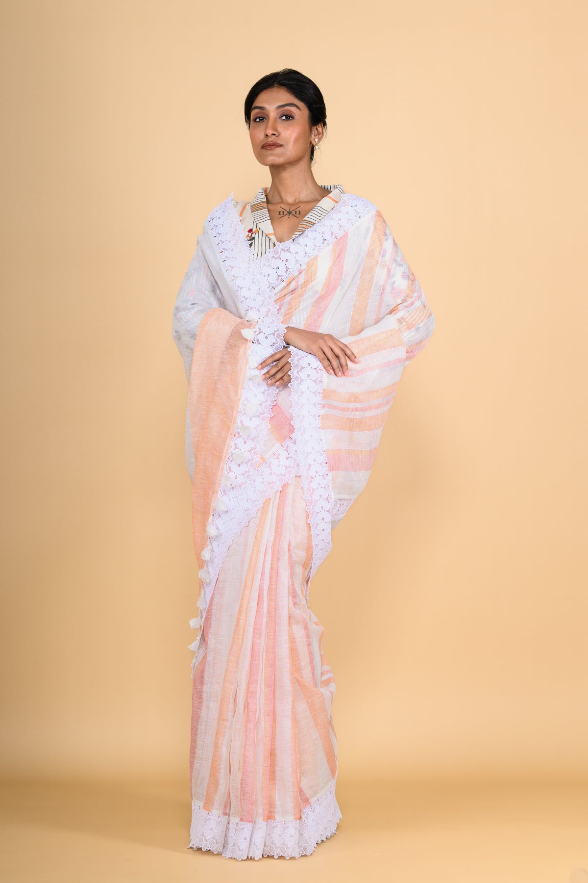 Peach Handwoven Jute Linen Saree