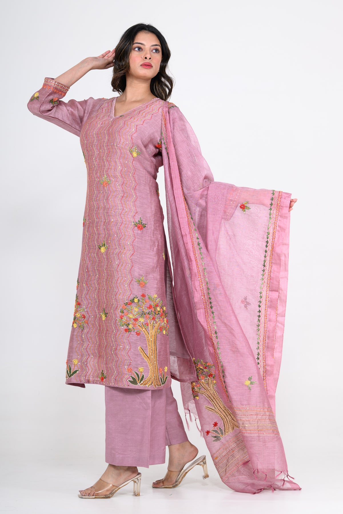 Mauve Purple Handprinted Kurta Set with Katha & Tikki Highlight