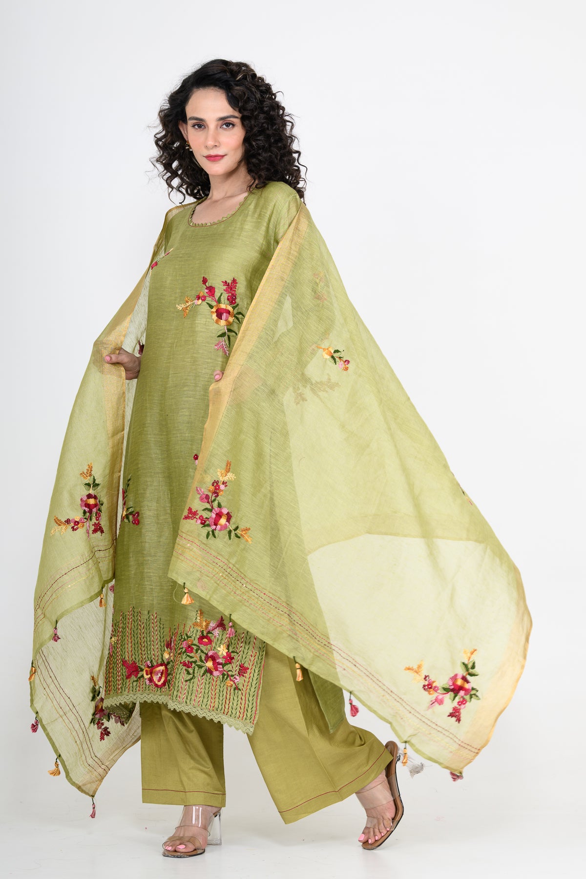 Leaf Green Thread Embroidered Pure Linen Kurta Set & Dupatta