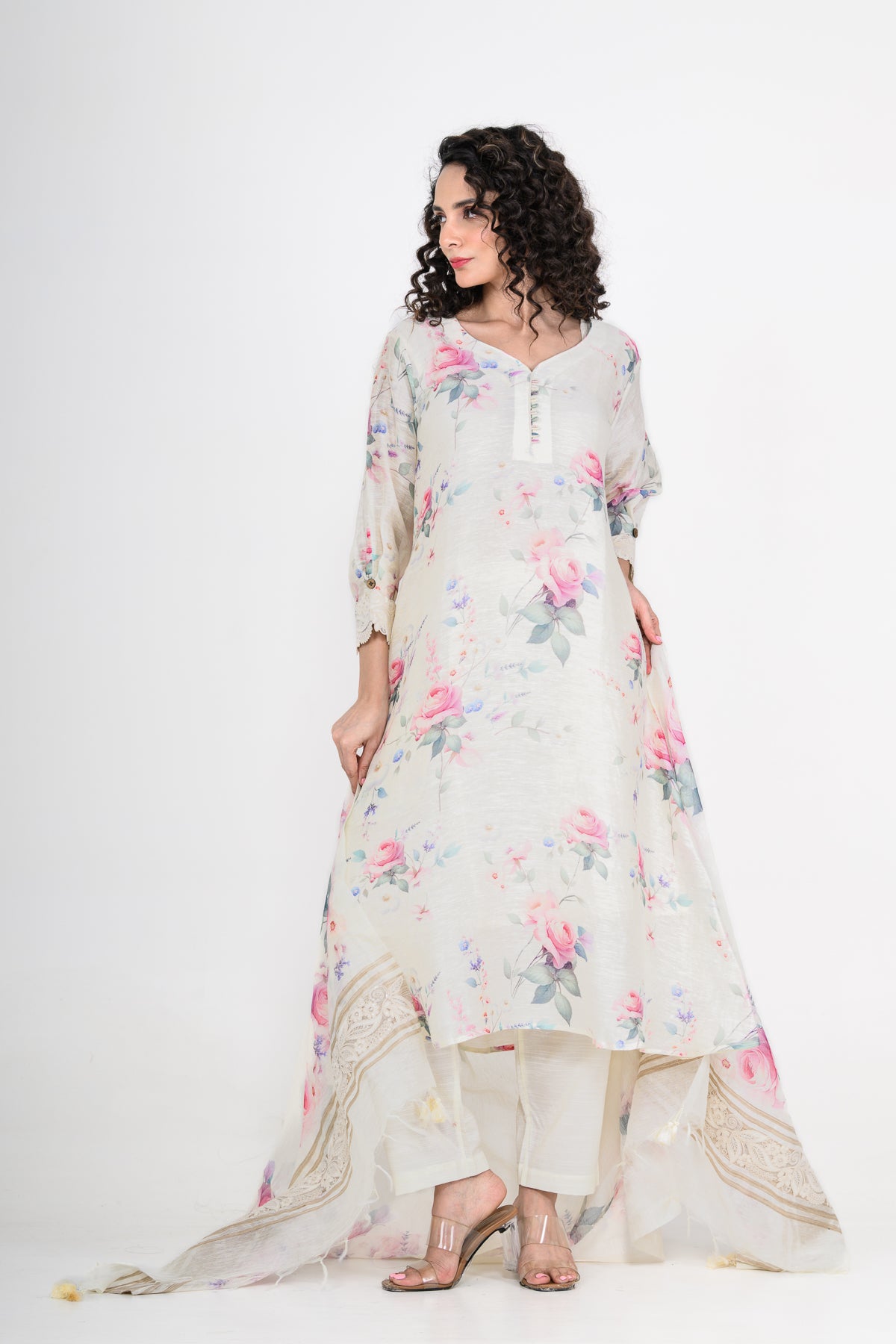 Pure Linen Off White Kurta Set with Dupatta