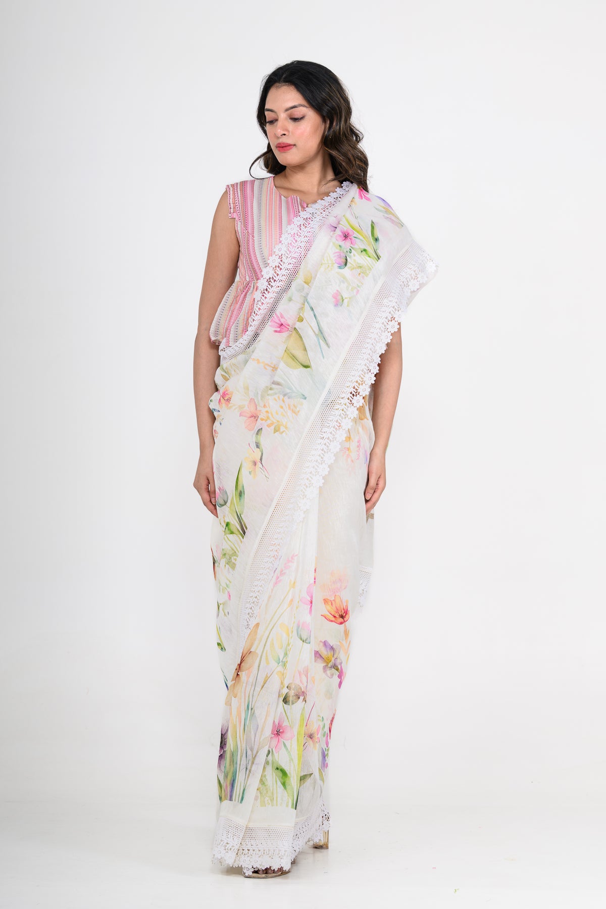 Floral Printed Off White Pure Linen Saree with Lace Work