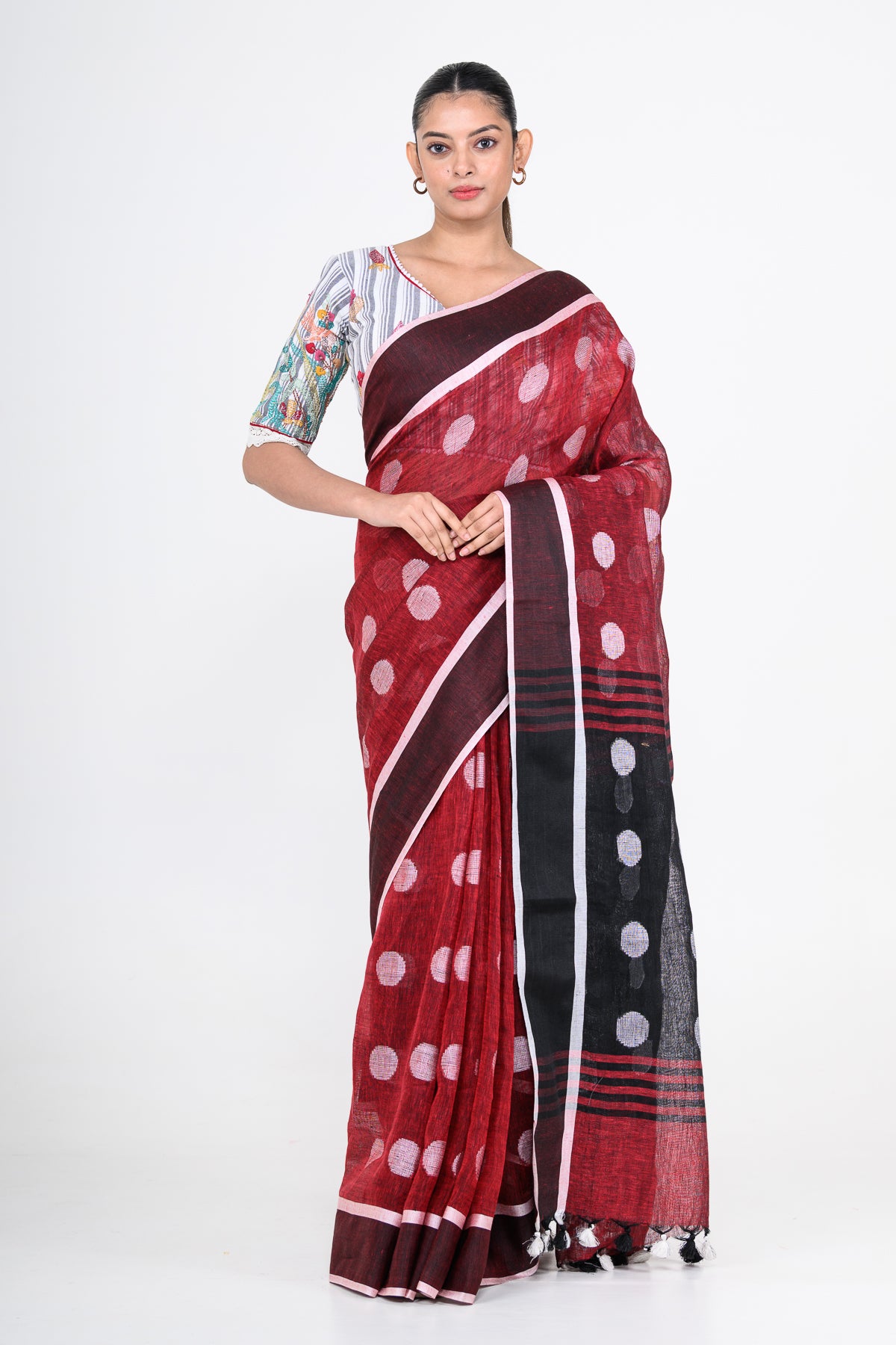 Red Pure Linen Polka Dot Handwoven Saree