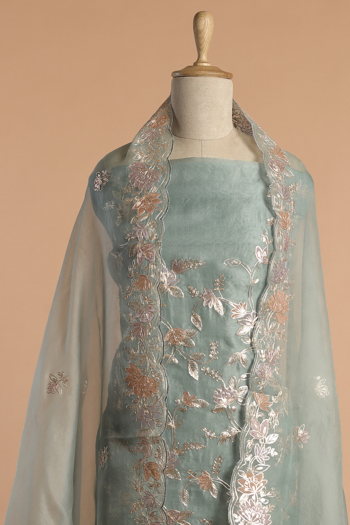 Powder Blue Organza Kurta Set with Applique & Zari Pitta Embroidery