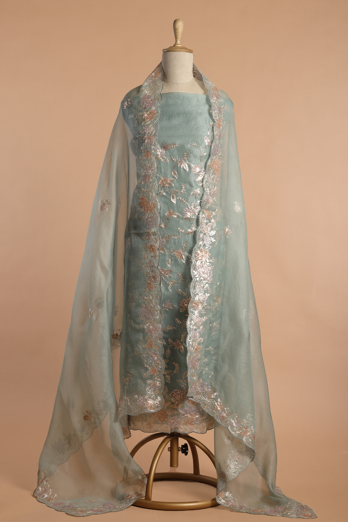 Powder Blue Organza Kurta Set with Applique & Zari Pitta Embroidery