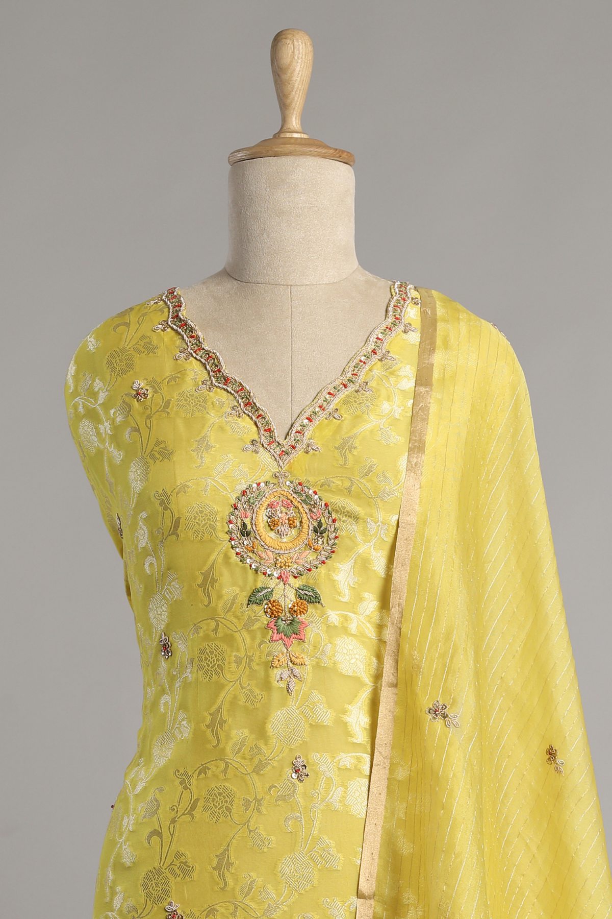 Yellow Kurta Set with Zari Tissue Jaal Adorned with Zardoshi Embroidery