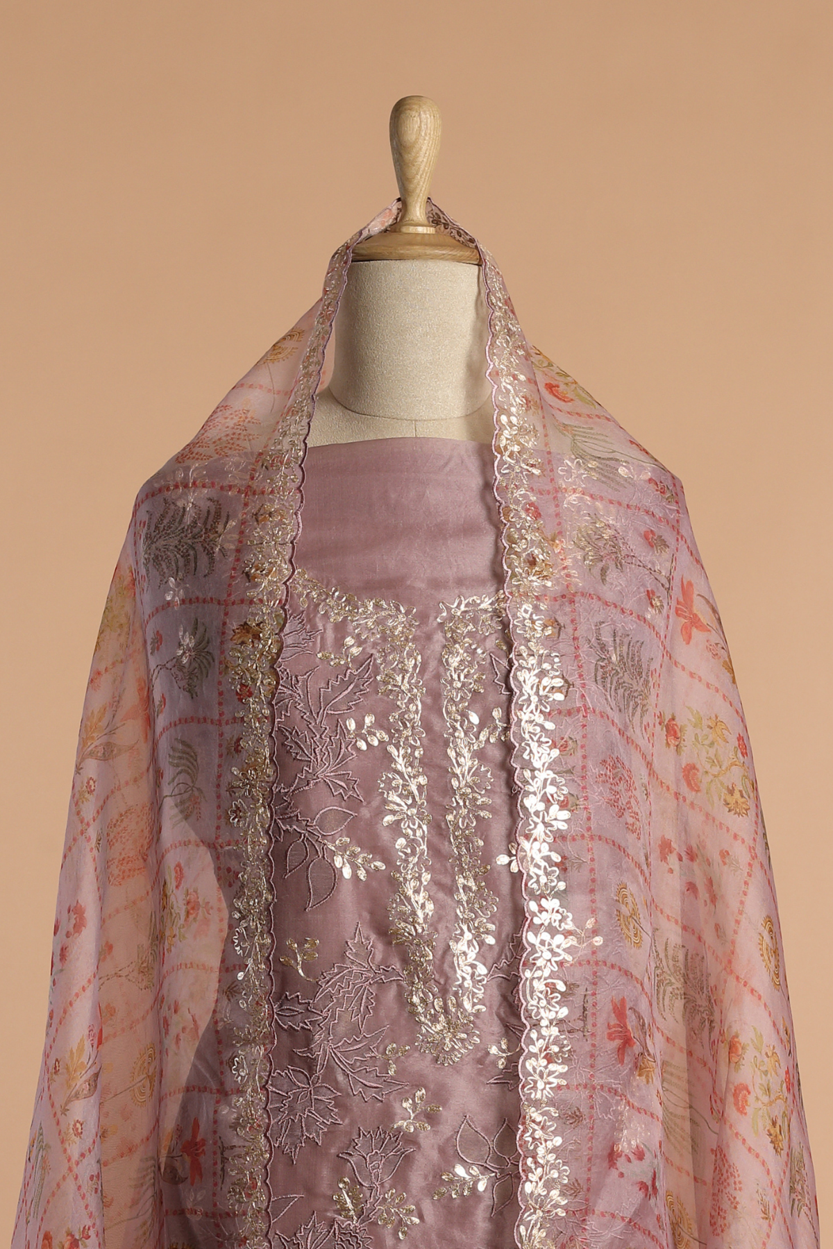 Lavender Purple Organza Kurta Set with Applique & Zari Pitta Work