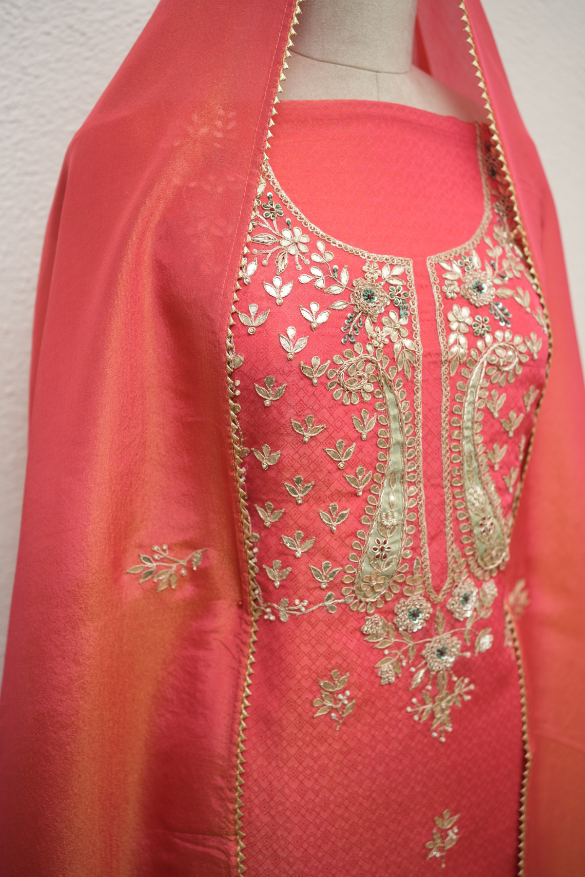 PEACHISH ORANGE JAQUARD TISSUE KURTA