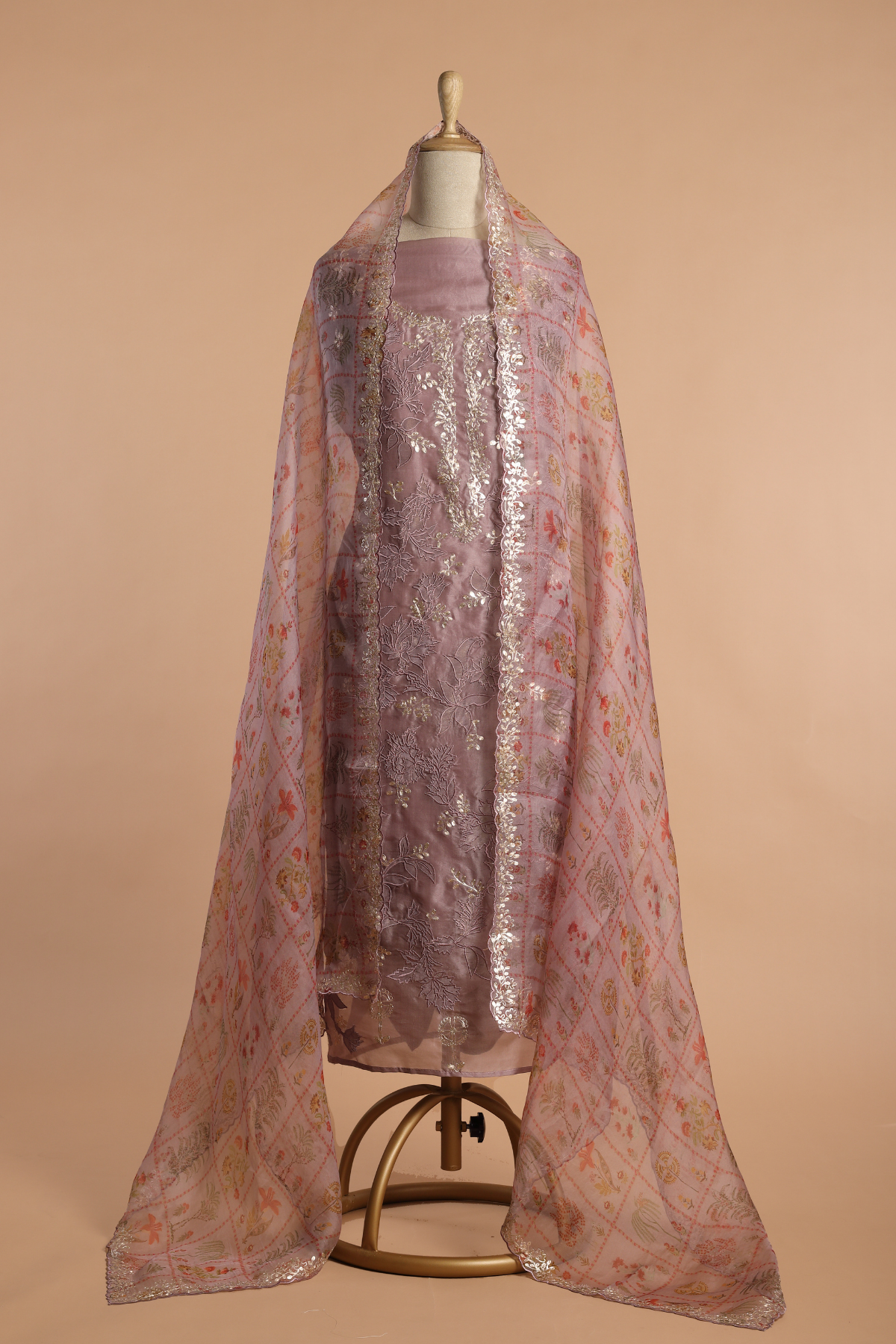 Lavender Purple Organza Kurta Set with Applique & Zari Pitta Work