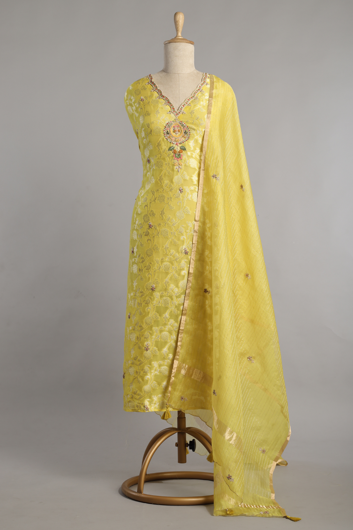 Yellow Kurta Set with Zari Tissue Jaal Adorned with Zardoshi Embroidery