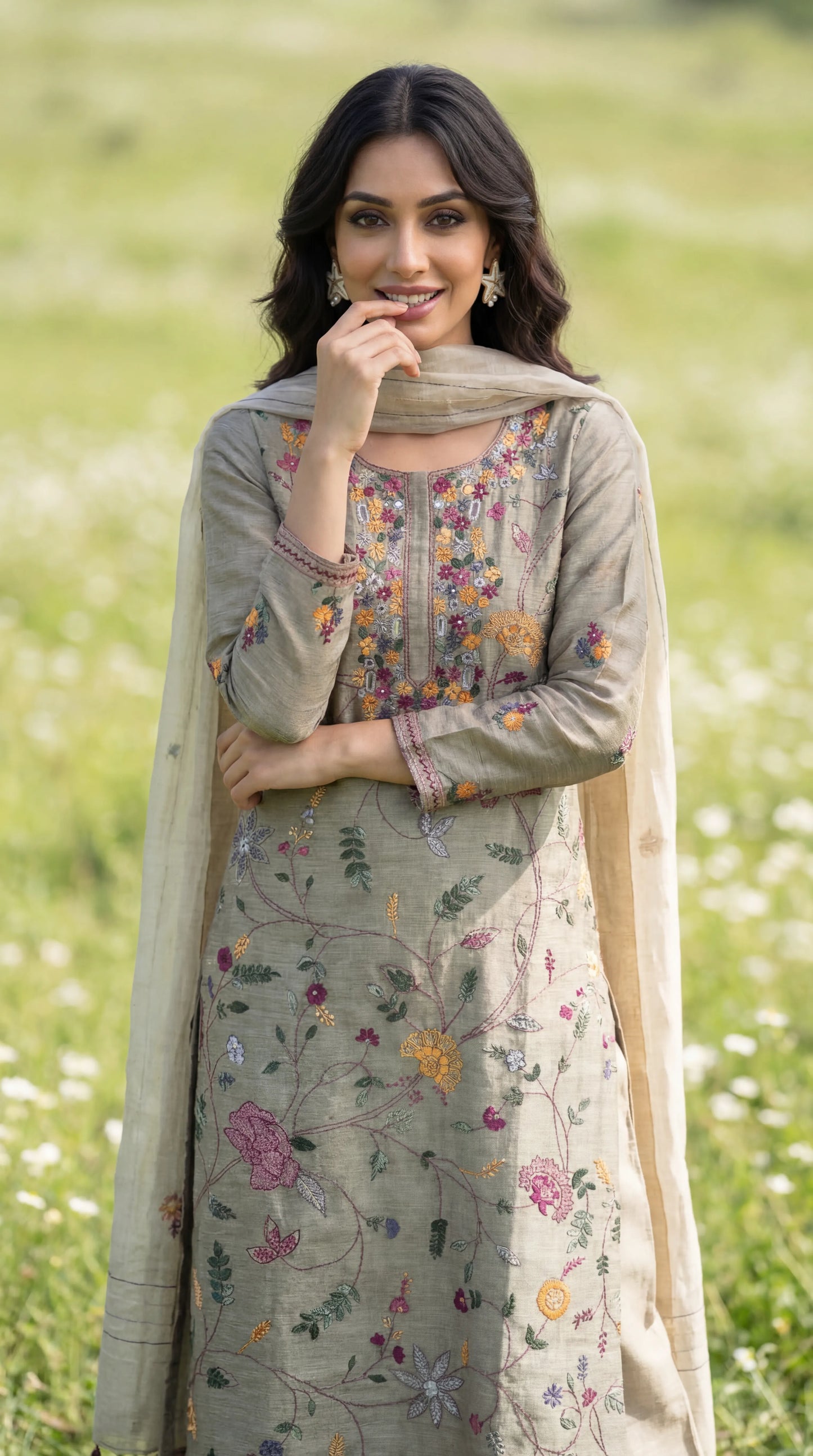 Dusty Green Resham Embroidery Linen Suit Set