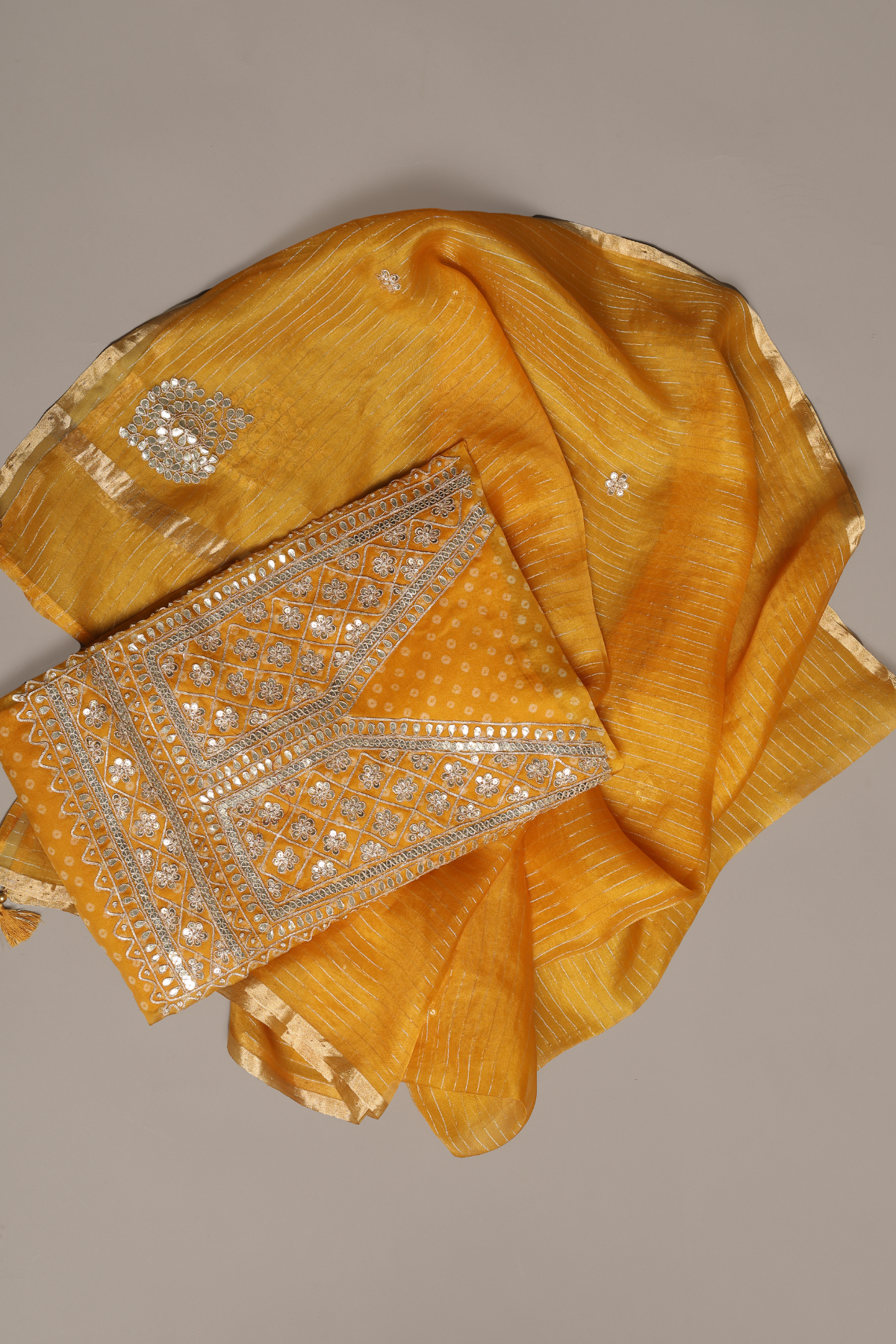 Mustard Yellow Organza Bandhej Print Kurta Set with Gota Dori Embroidery