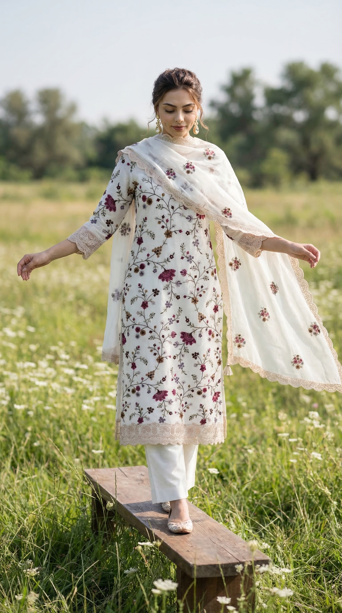 Off White Mul Parsi Embroidered Kurta Set with Pitta Work