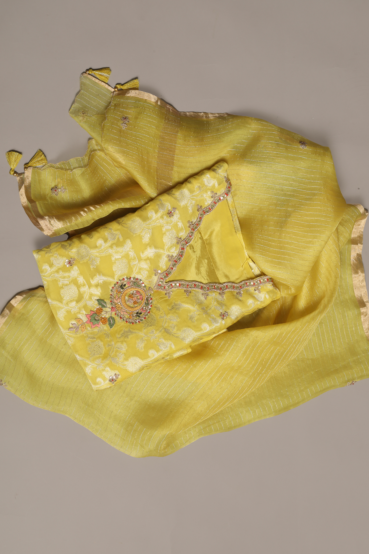 Yellow Kurta Set with Zari Tissue Jaal Adorned with Zardoshi Embroidery