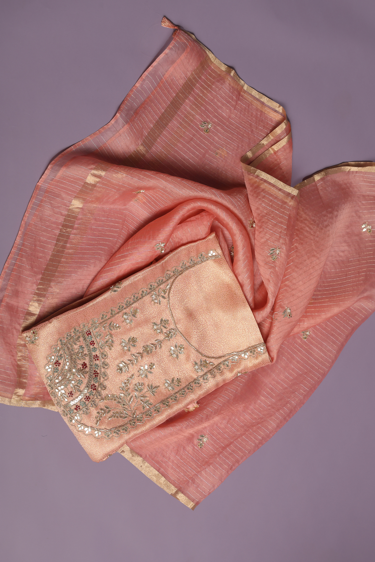 Peach Gold Tissue Kurta Set Embellished with Designer Motifs & Embroidery