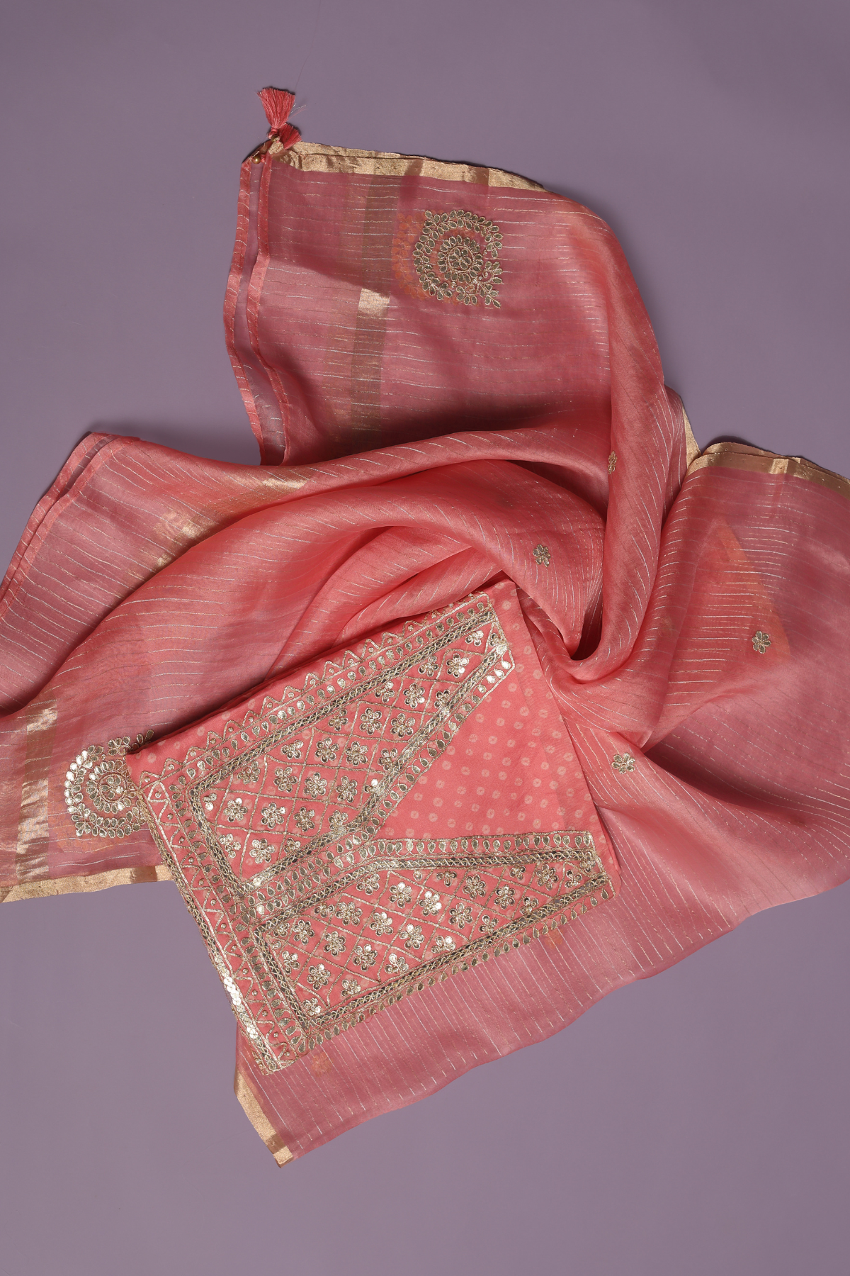 Blush Pink Organza Bandhej Print Kurta Set with Gota Dori Embroidery