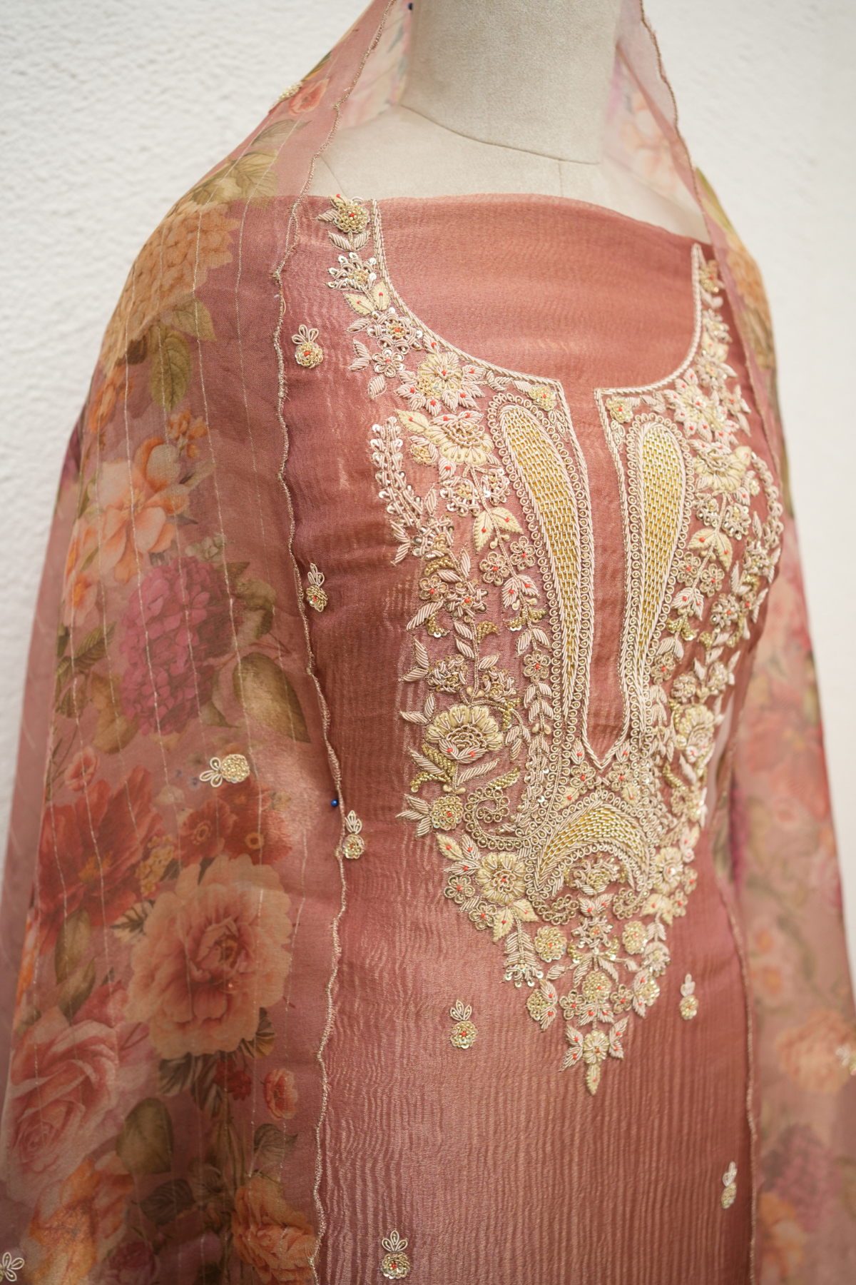 DARK BEIGE CRUSH TISSUE ZARDOZI KURTA