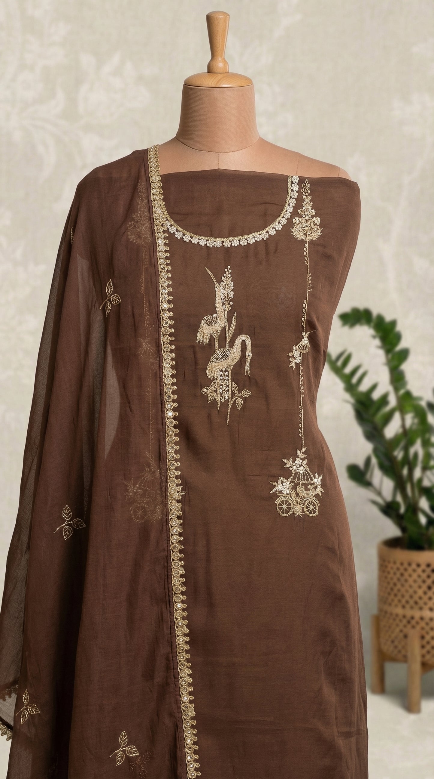 Mocha Brown Resham Embroidery Mul Mul Unstitched Suit Set