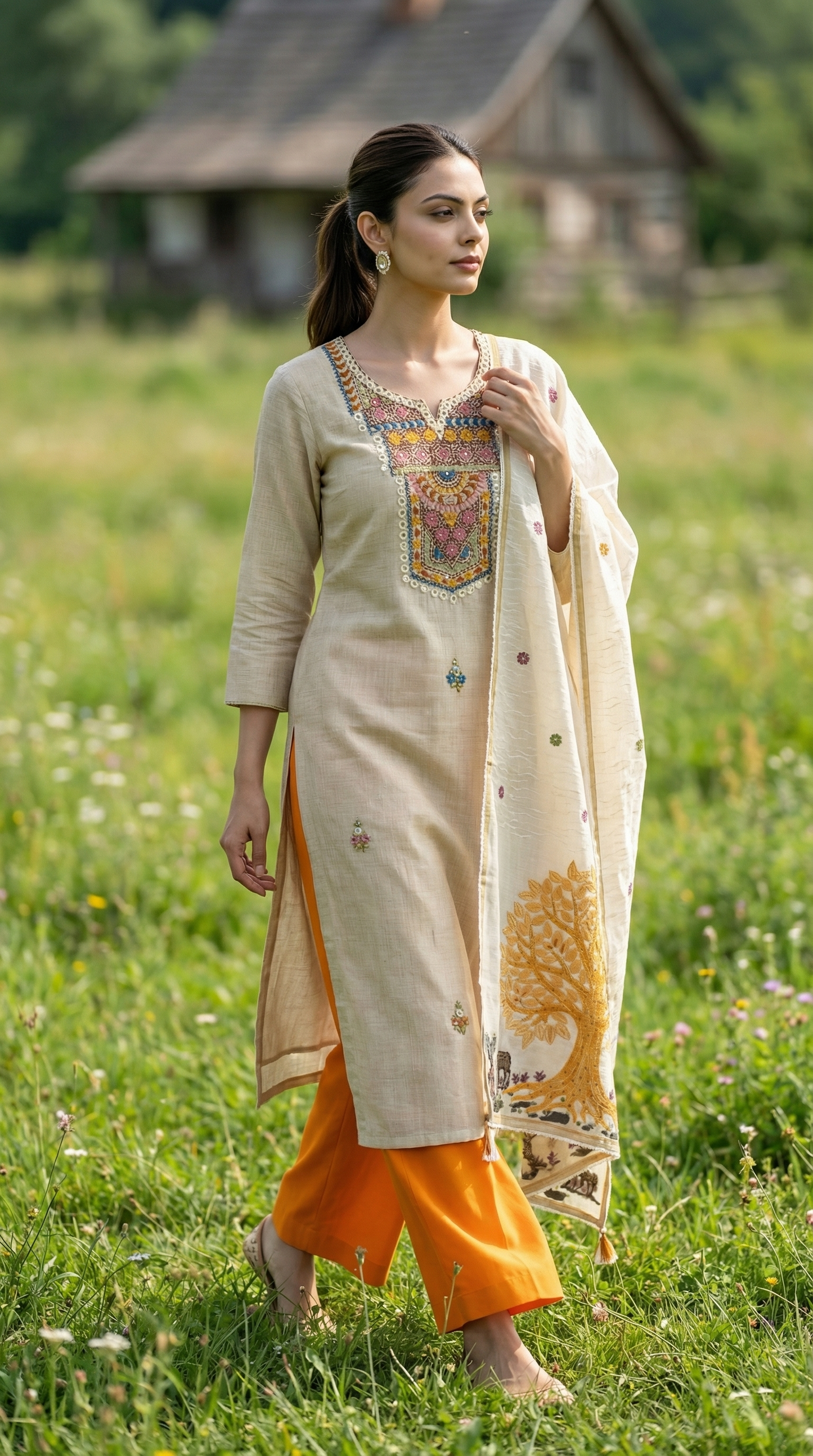 Resham Embroidery Beige &Tangy Orange chanderi Stitched Suit Set