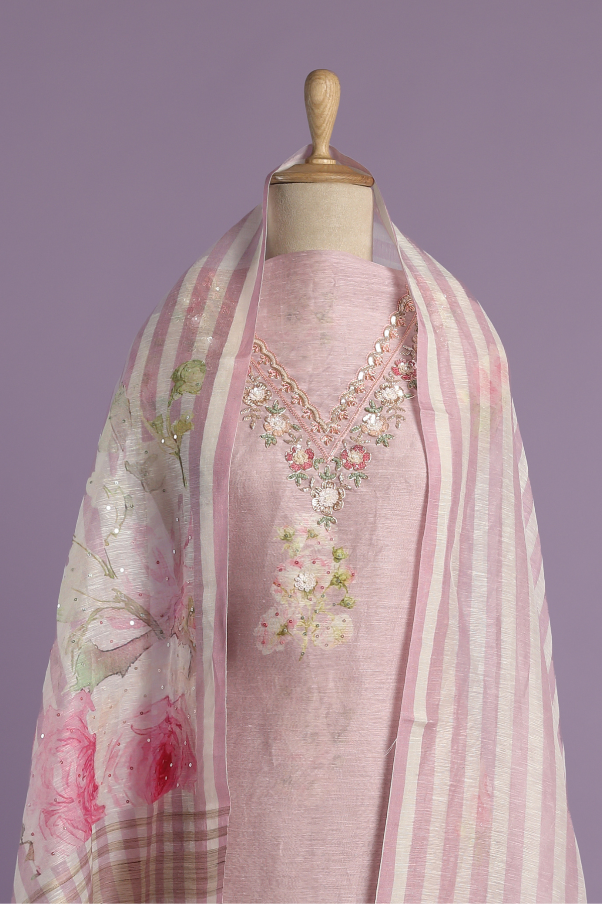 Lavender Purple Floral Printed Linen Kurta Set with Sequins & Intricate Hand Work