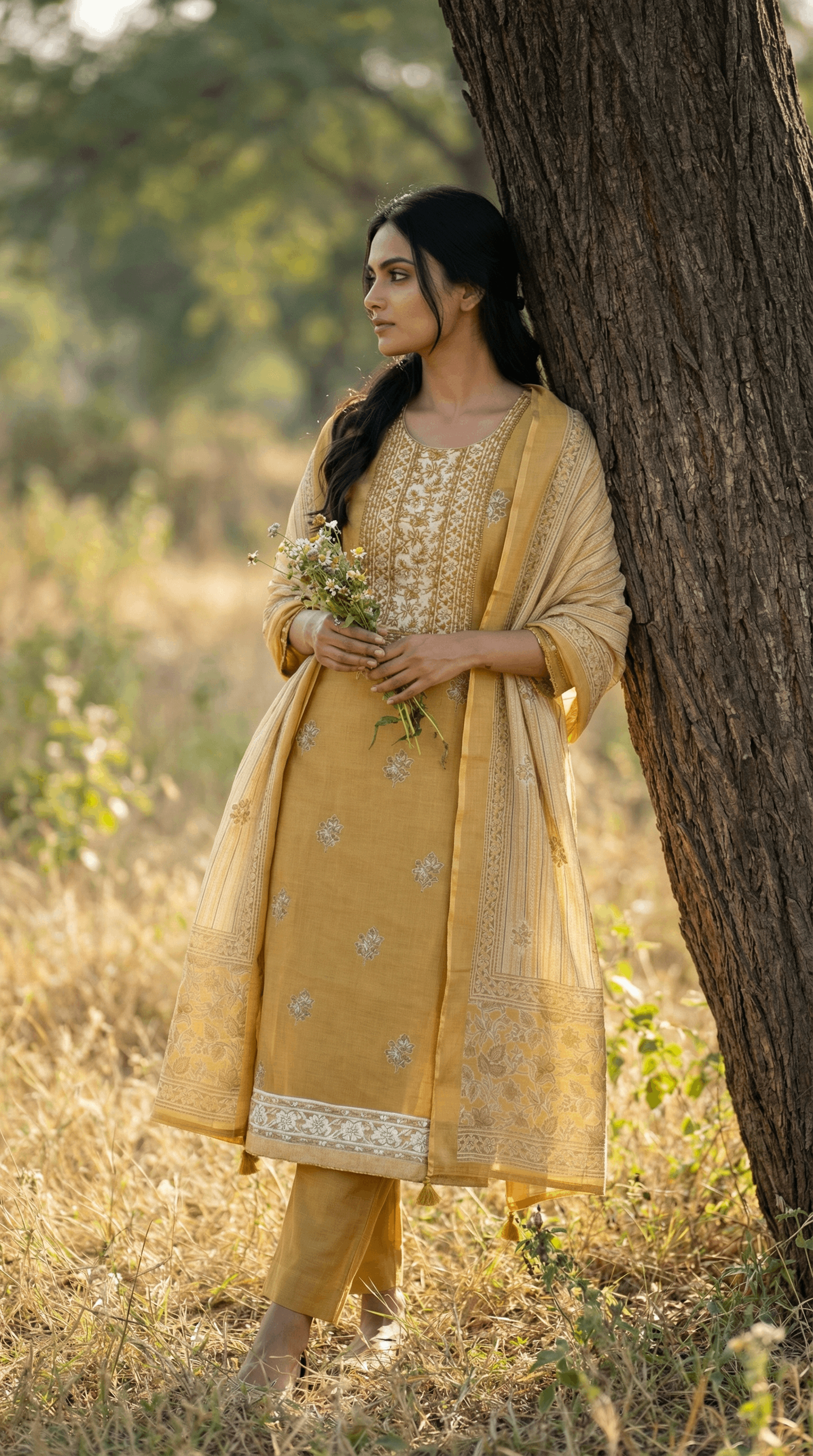 Resham Embroidery Yellow Jute Cotton Stitched Suit Set