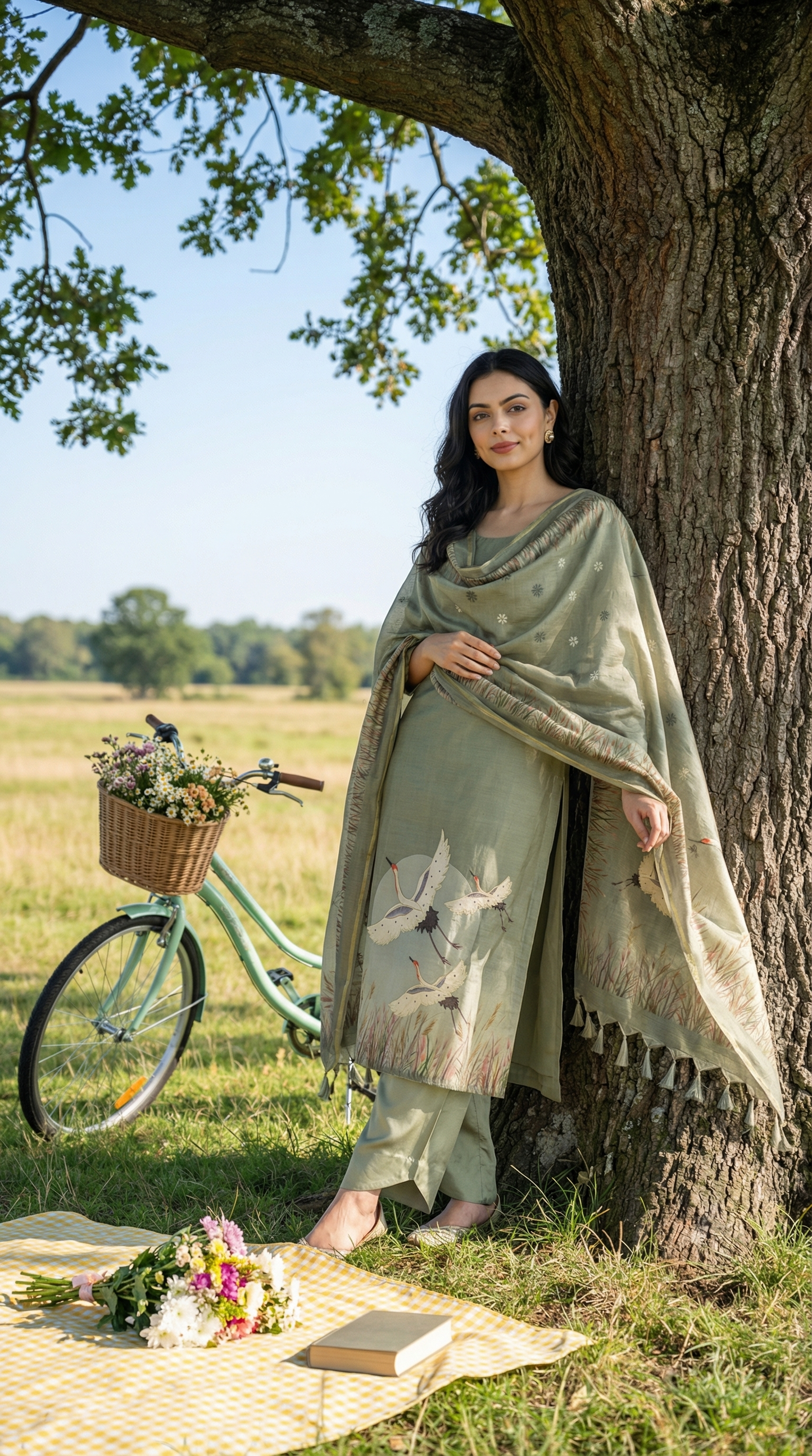 Sage Green Chanderi Stitched Suit Set