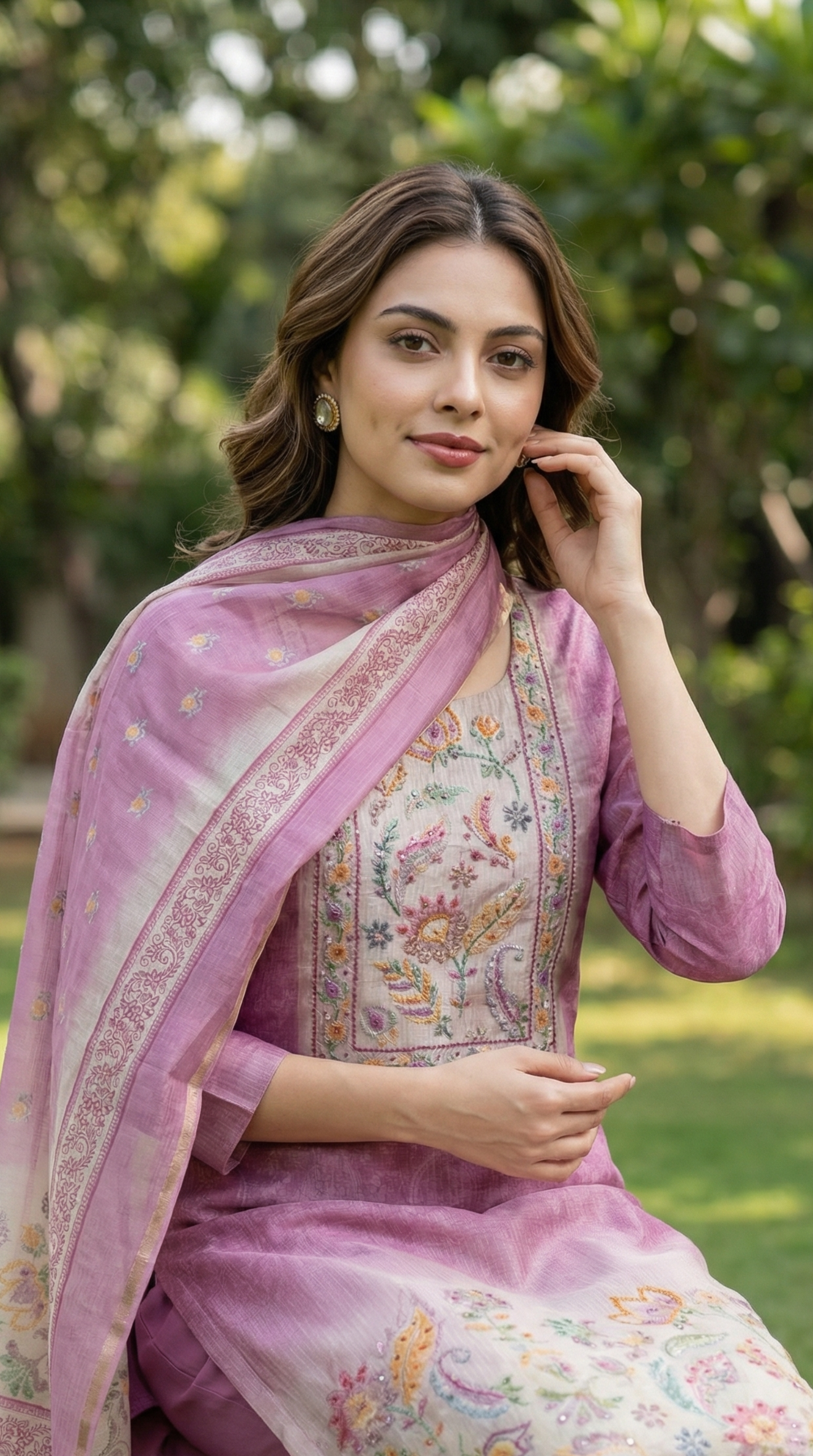 Resham Embroidery Electric Pink Kota Stitched Suit Set