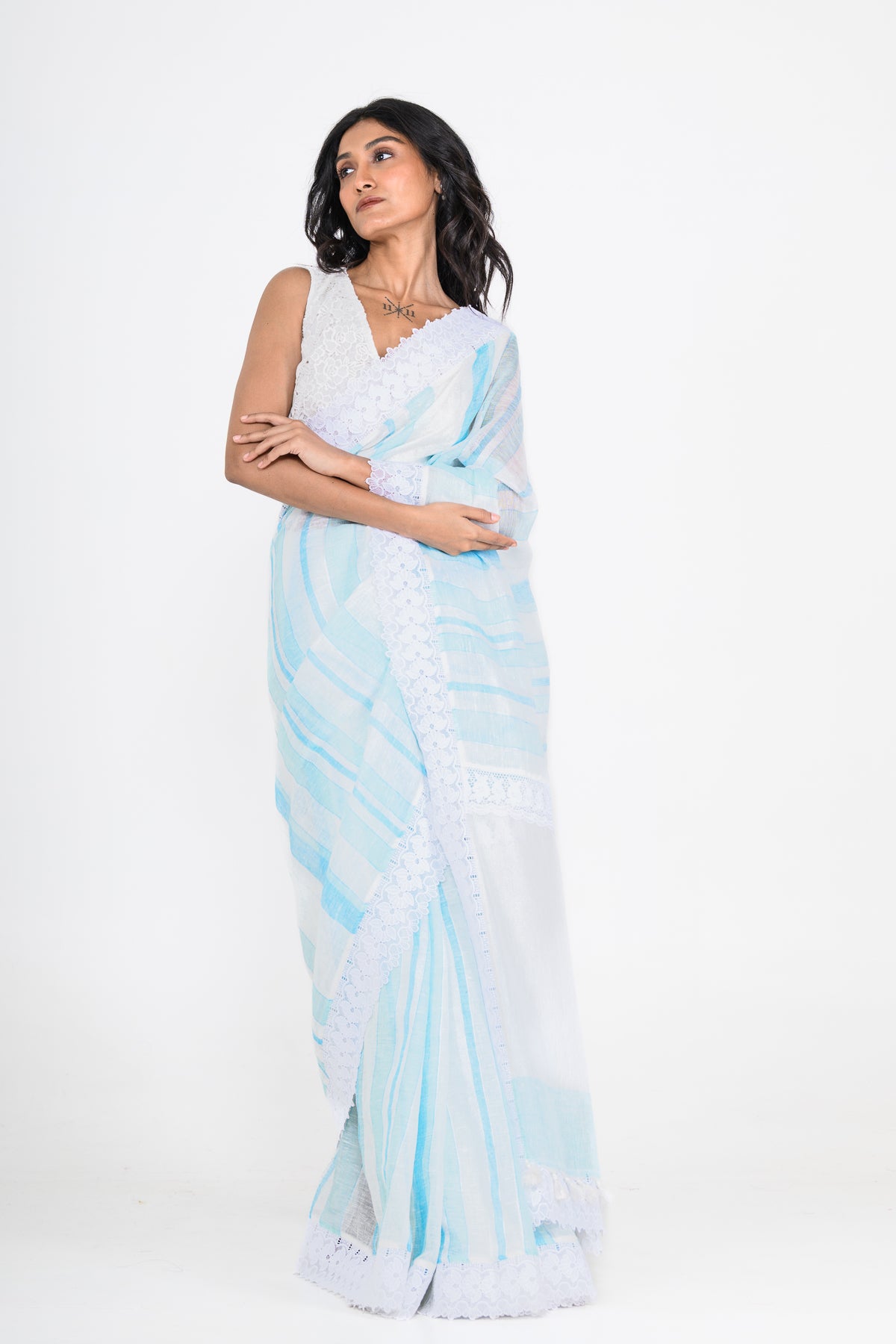 Printed Light Blue Pure Linen Saree