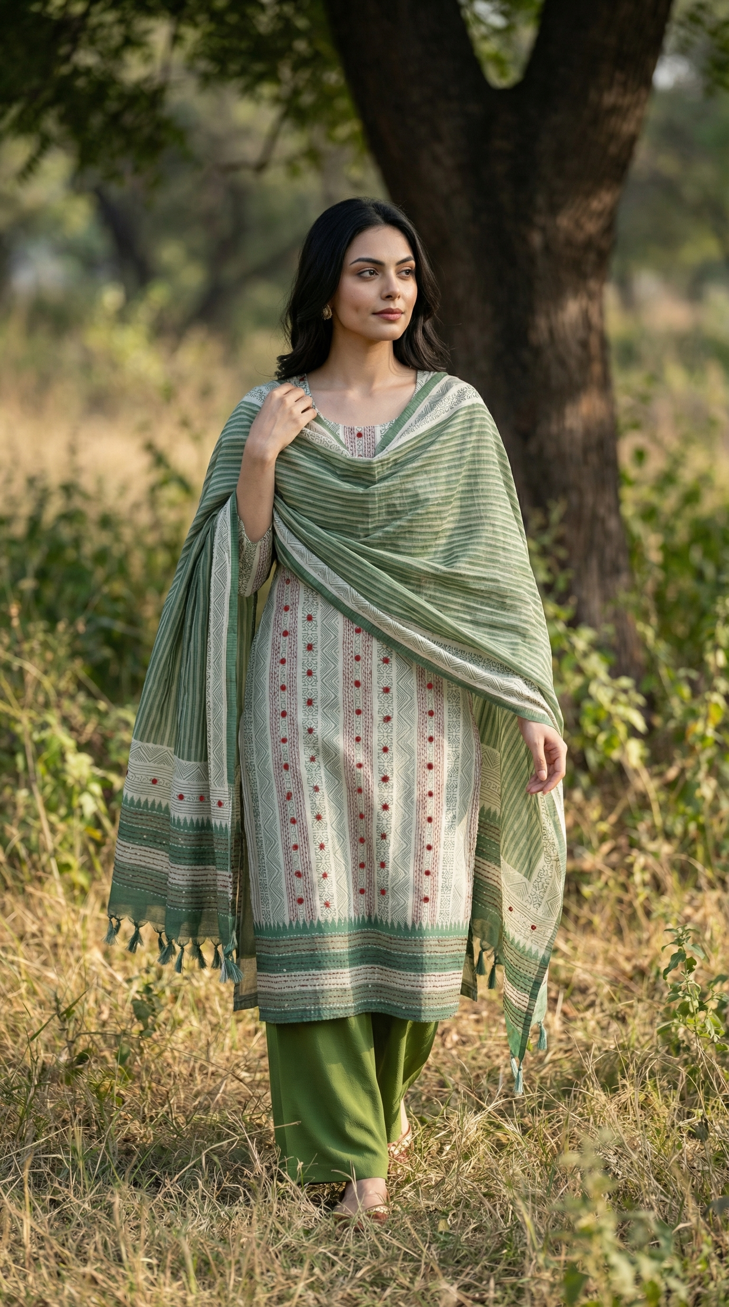 Resham Embroidery Green Jute Cotton Stitched Suit Set
